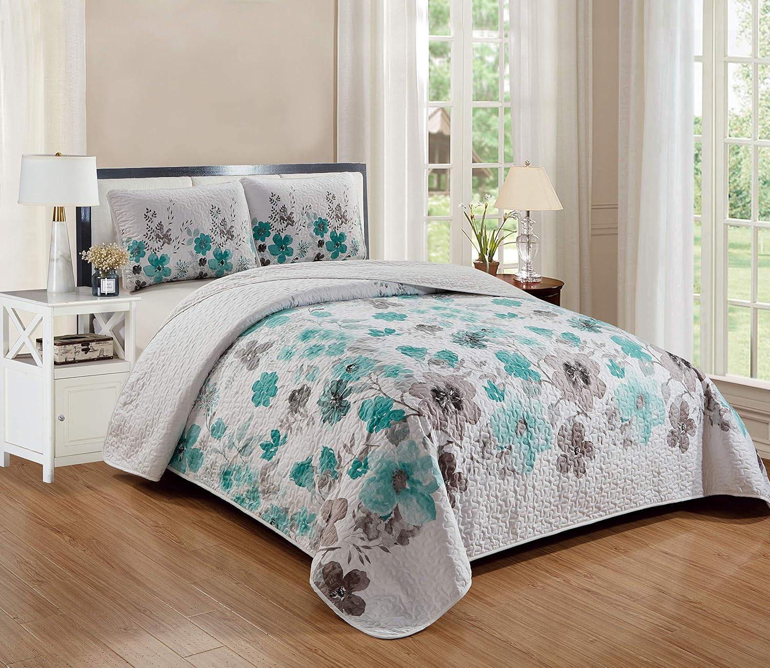 Home Collection Juego de 3 piezas de colcha tamaño King California King con estampado floral de flores marrones turquesa de 118 x 95 pulgadas