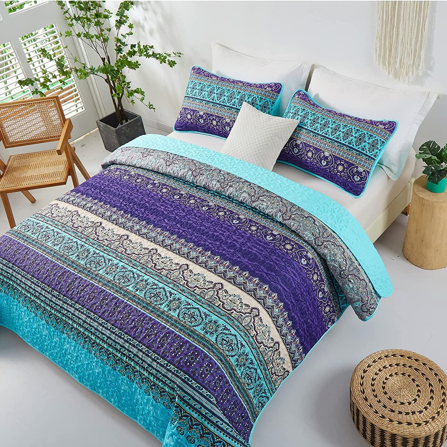 WONGS BEDDING Juego de edredón bohemio, edredón estampado de rayas bohemias azules y moradas, colcha de microfibra ligera para decoración de cama