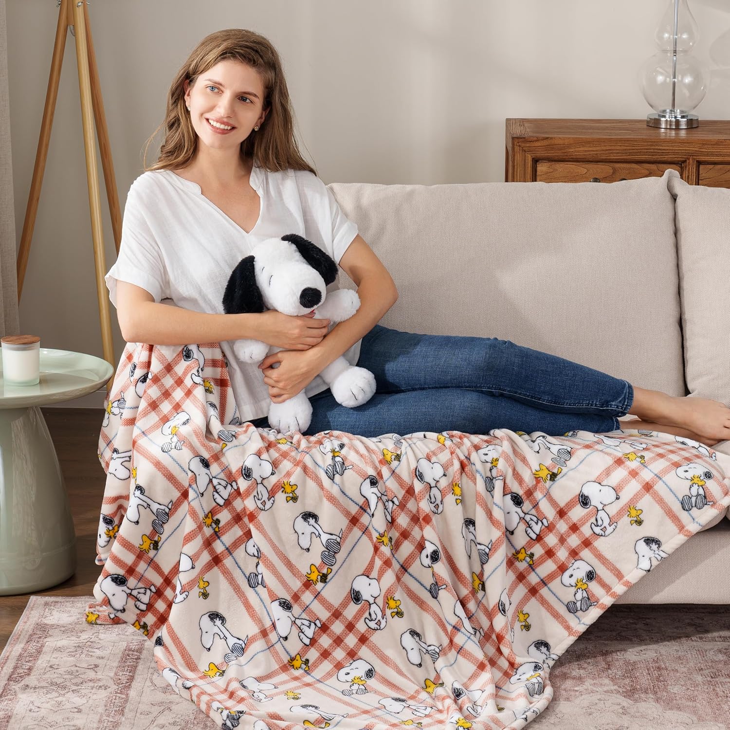 Berkshire Blanket Peanuts VelvetLoft – Manta de felpa de Snoopy con bonito personaje, diseño de Snoopy de cacahuetes y Woodstock a cuadros de