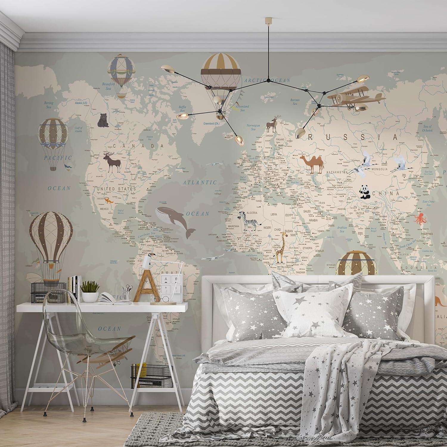 Papel tapiz autoadhesivo con mapa del mundo, arte de pared de vinilo removible para decoración de guardería para niños y niñas, habitación de niños,