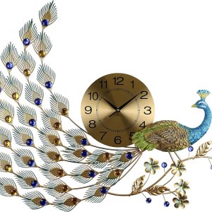 Reloj de pared grande de pavo real con hermosos detalles de cristal Reloj de pared grande de pavo real con hermosos detalles de cristal
