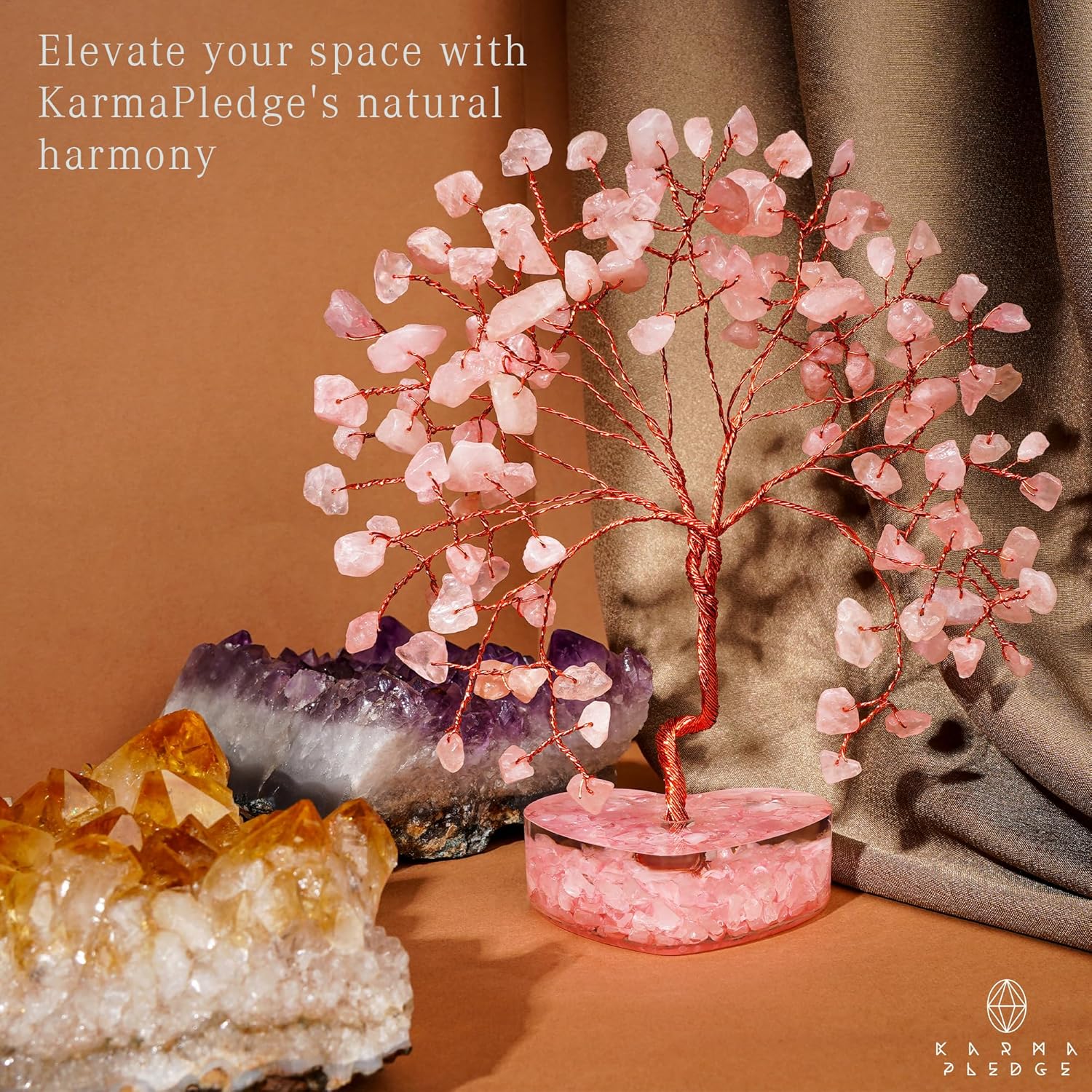 Árbol de cristal de corazón de cuarzo rosa, 7 cristales curativos de chakras, árbol de la vida, decoración de cristal hecho a mano, árboles bonsái