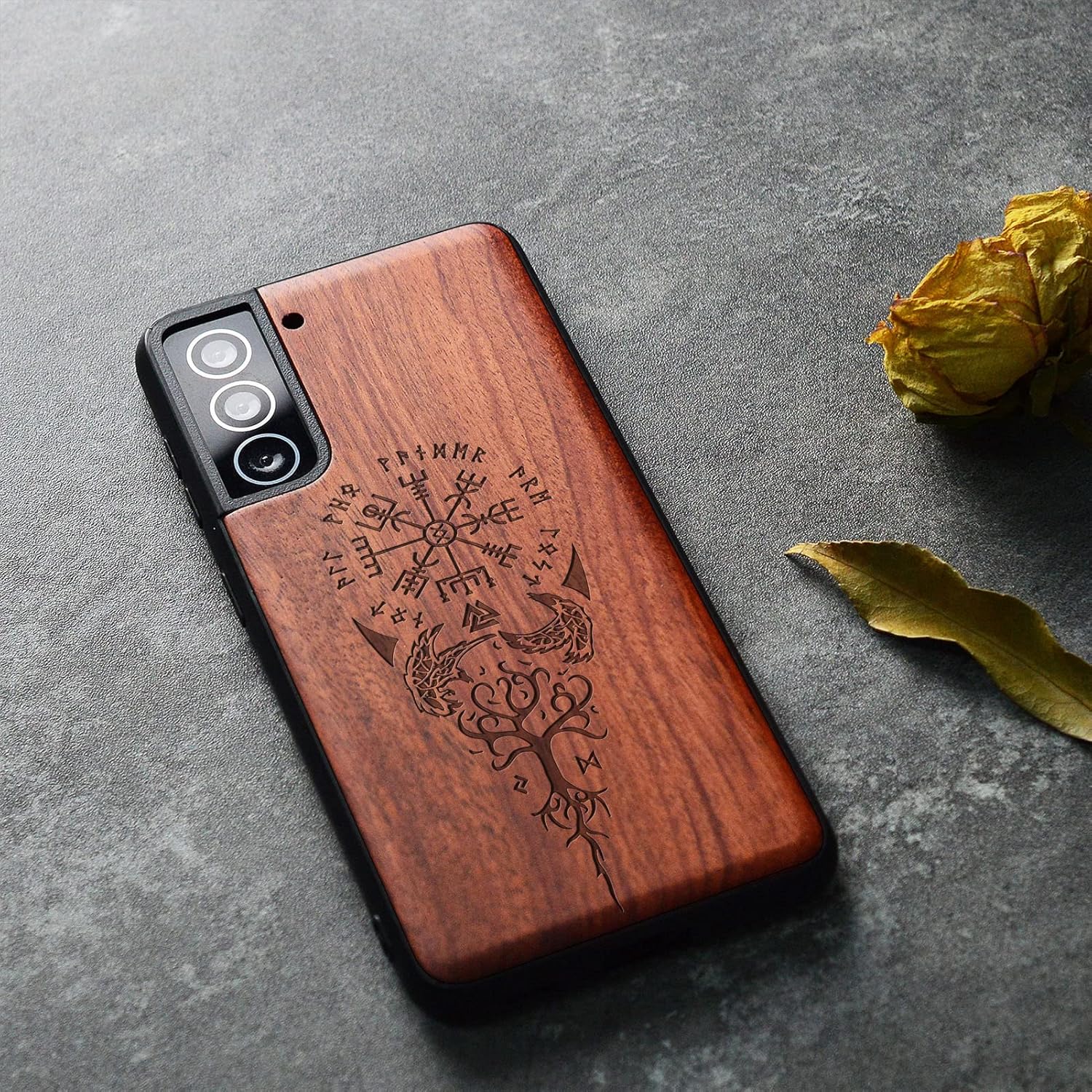 Carveit Funda de madera para Galaxy S21 FE madera real dura y TPU suave a prueba de golpes, funda protectora única y elegante de madera compatible