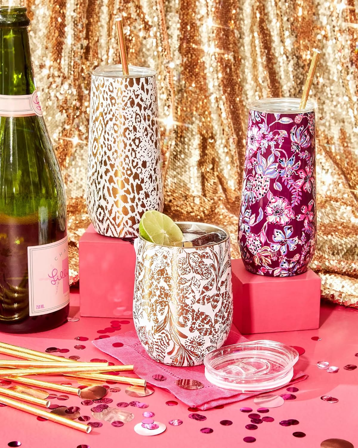 Lilly Pulitzer Vaso aislado de 12 onzas con tapa, copa de vino de viaje de acero inoxidable, taza de metal de doble pared, Calypso Coast (dorado)