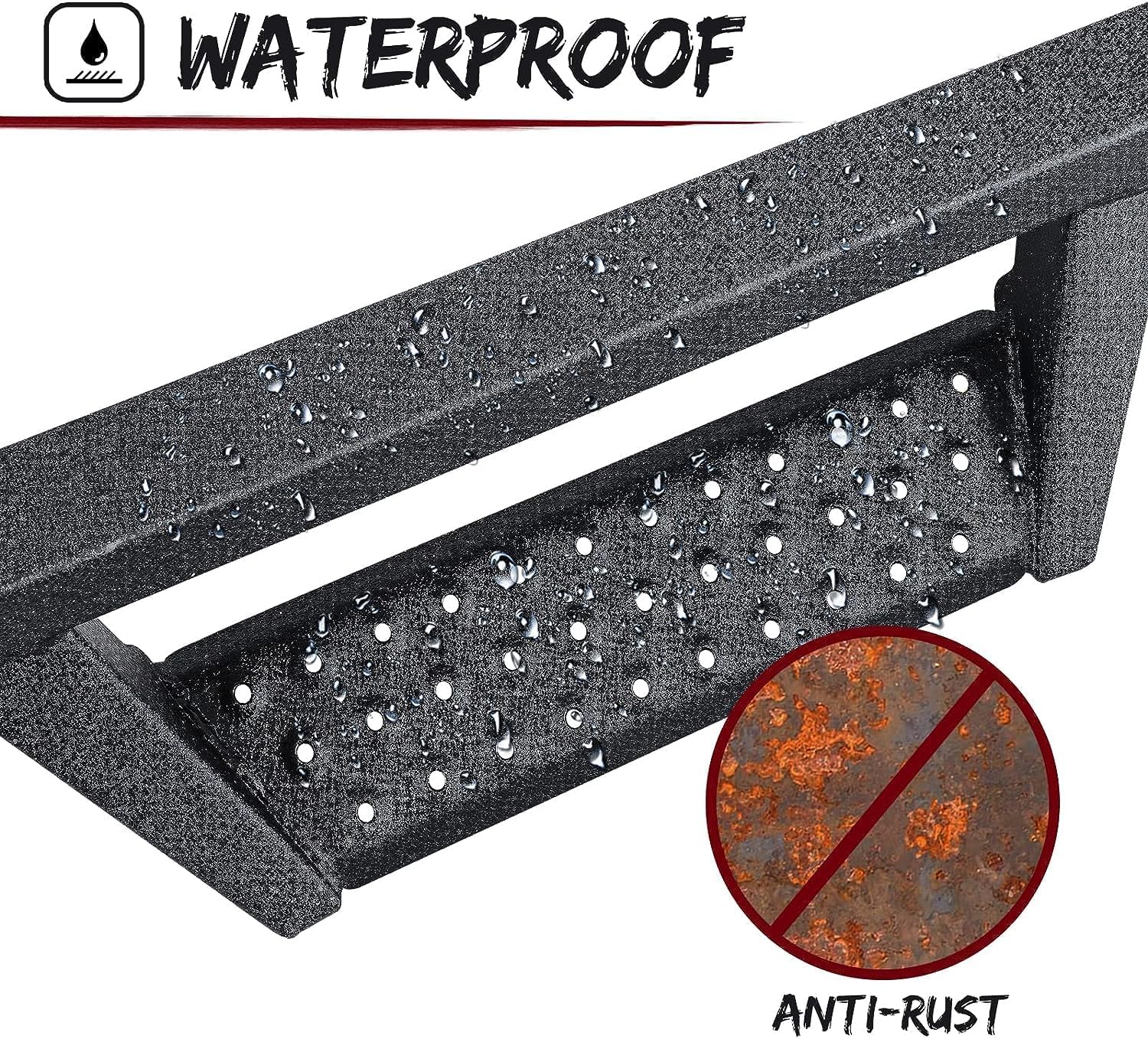 Estribos compatibles con Ford Ranger SuperCrew Cab 2019-2024. Barras laterales de polvo negro texturizado de doble etapa.