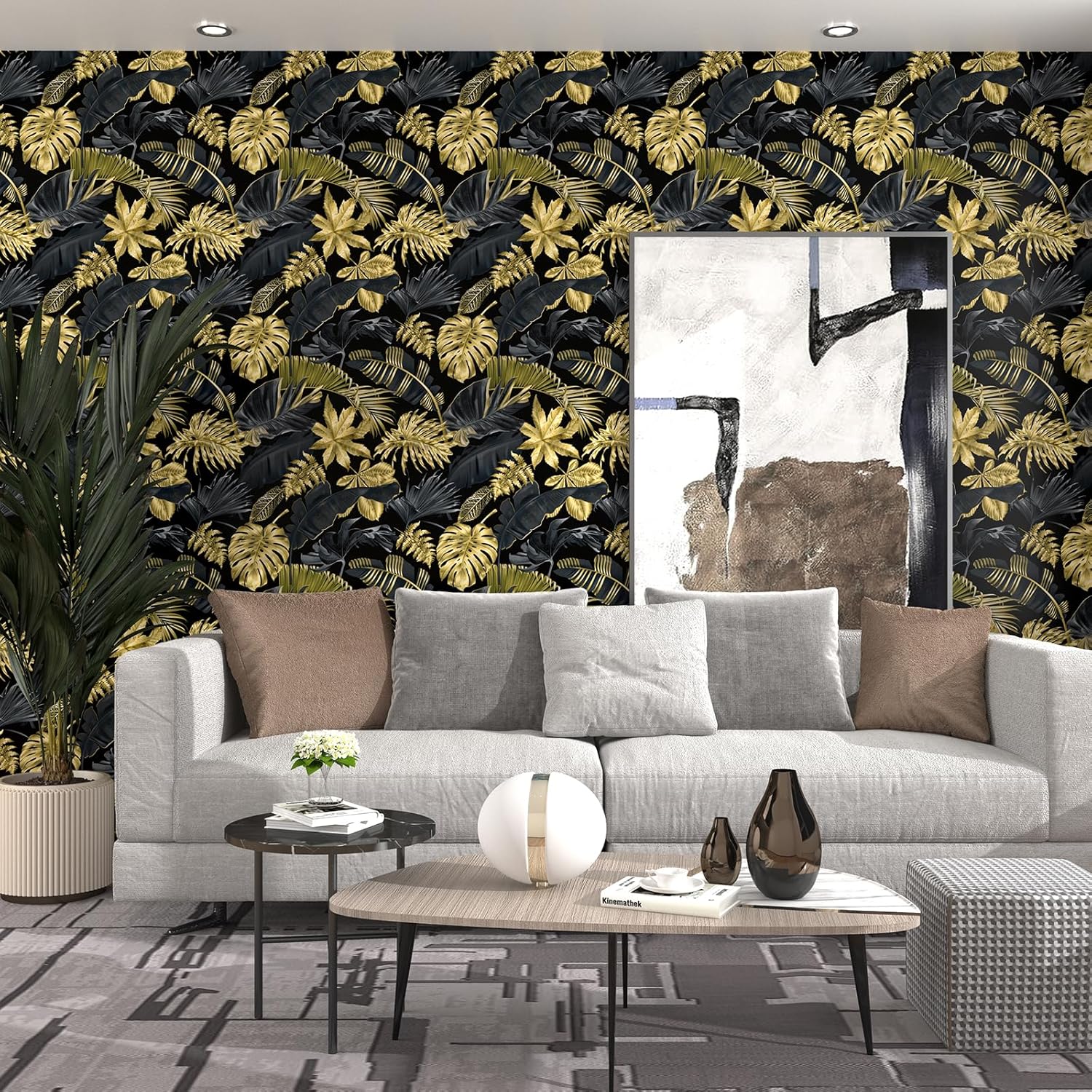 Wallink Papel tapiz negro y dorado con hojas tropicales, papel tapiz autoadhesivo con hojas autoadhesivas, papel tapiz extraíble negro y dorado,