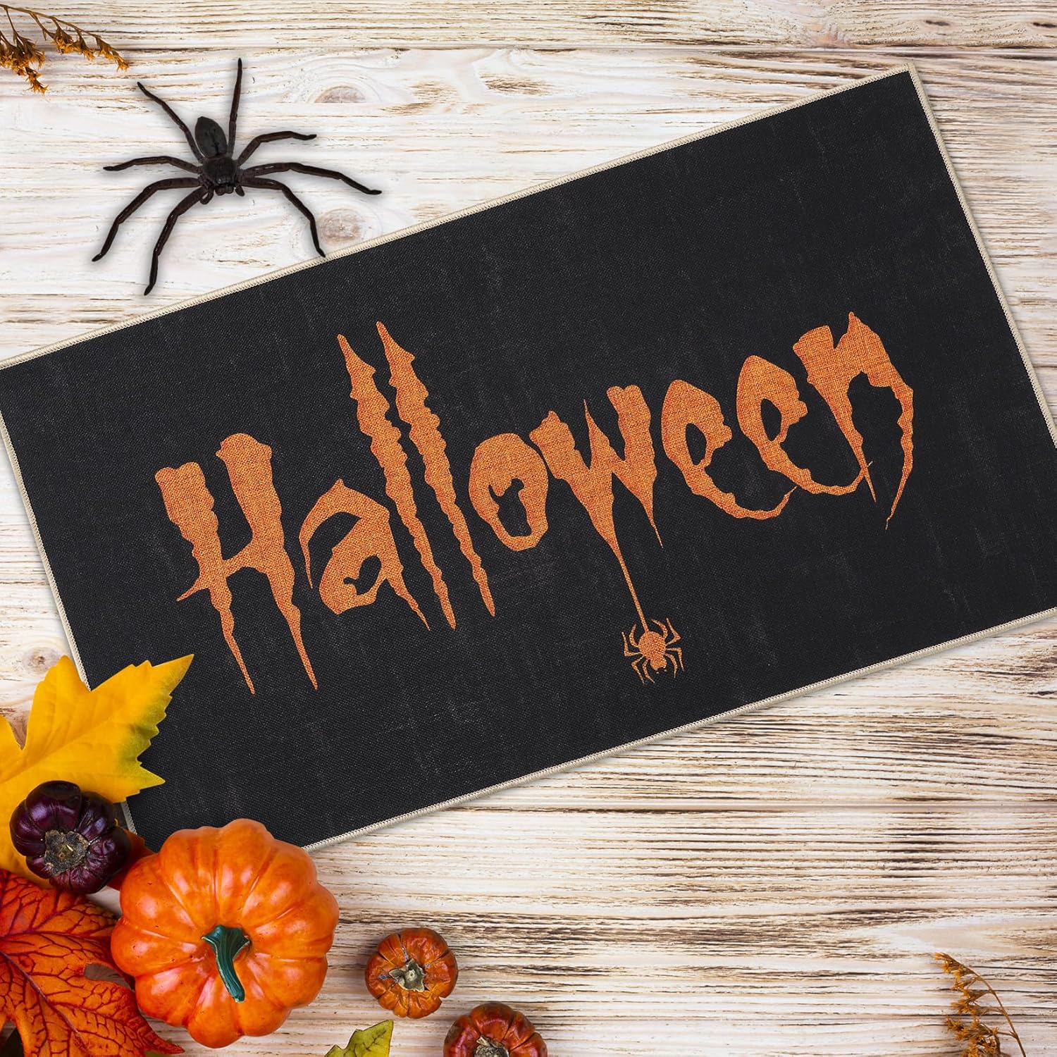 CAROMIO Tapete decorativo de bienvenida con estampado de letras de Halloween, tapete antideslizante para interiores y exteriores, alfombra de