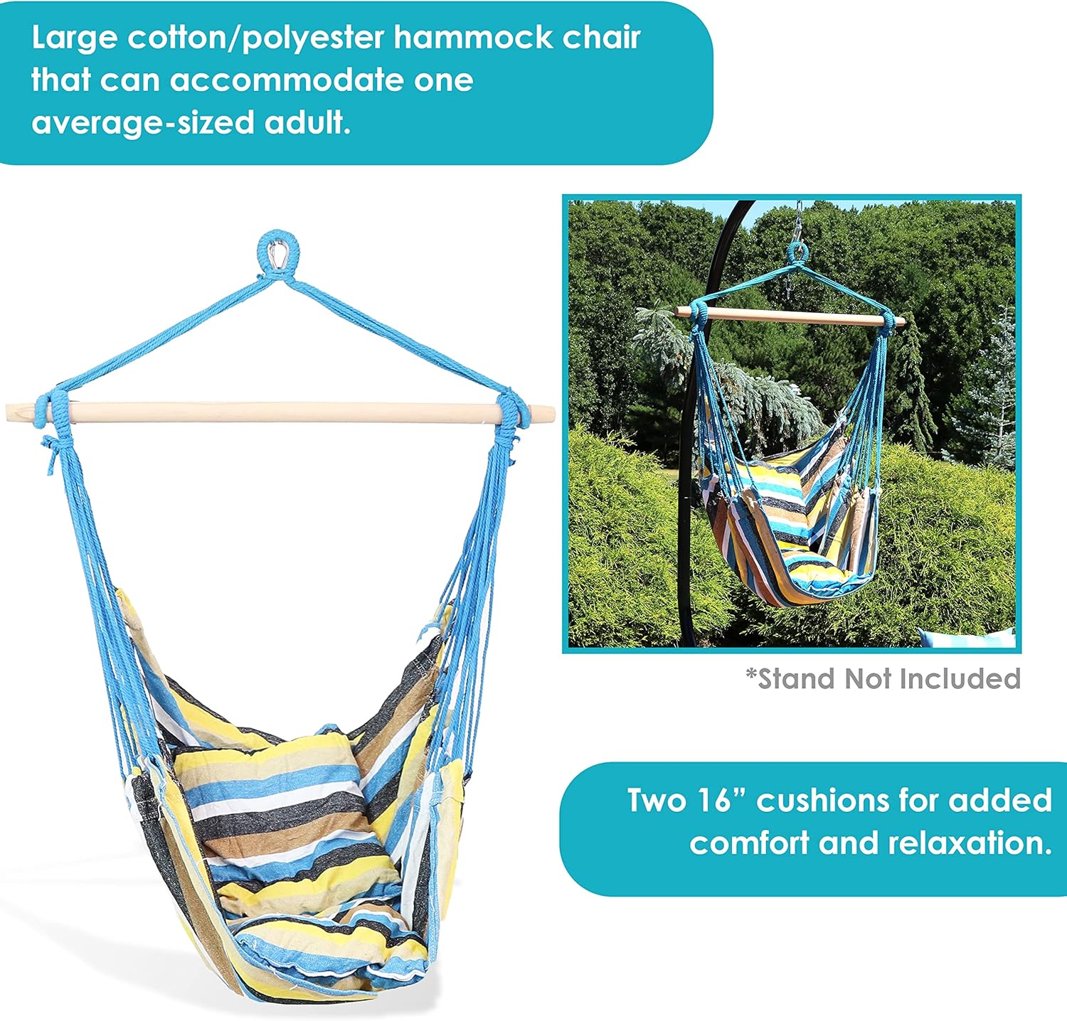 Silla hamaca columpio colgante Sunnydaze, para uso exterior o interior, peso máximo 265libras, incluye 2asientos almohadones de múltiples opciones,