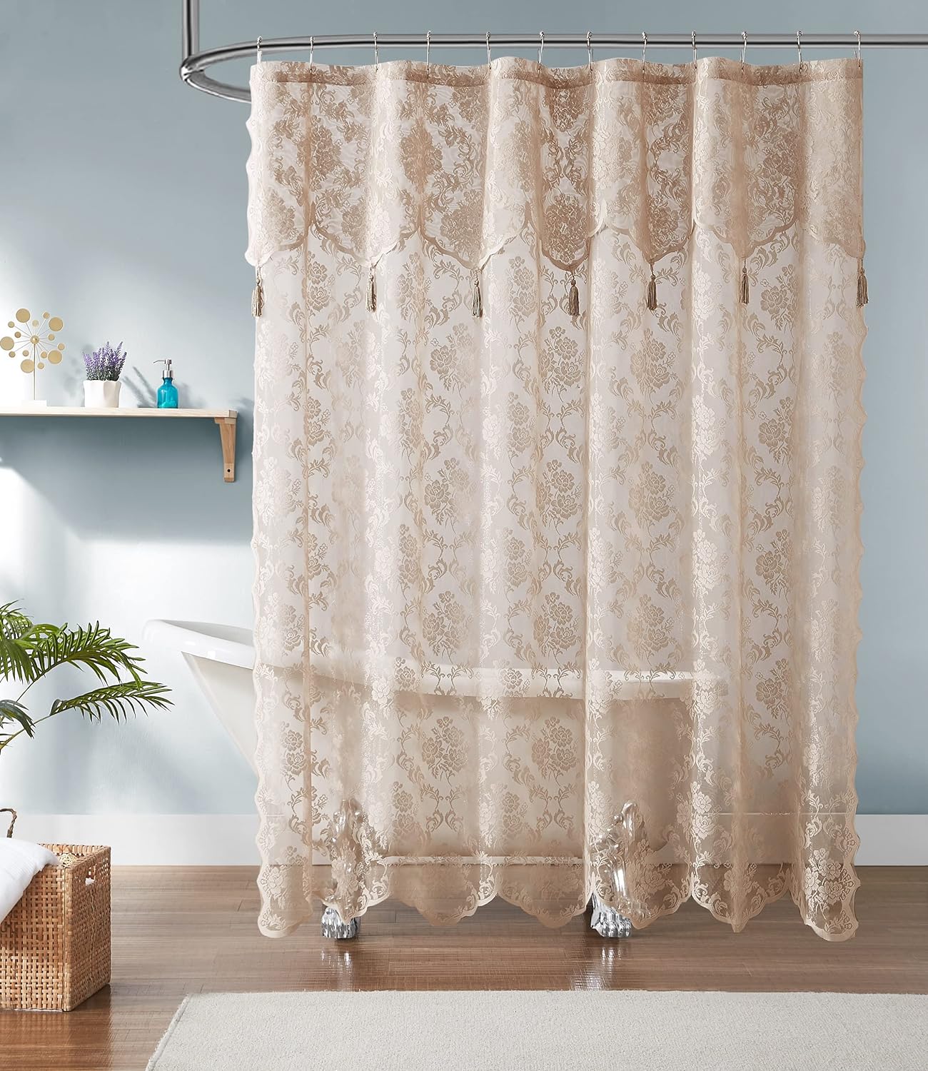Warm Home Designs Cortina de ducha de encaje de lino con cenefa adjunta y elegantes borlas. 72 x 84 extra larga para baño. Cortina de ducha de lujo
