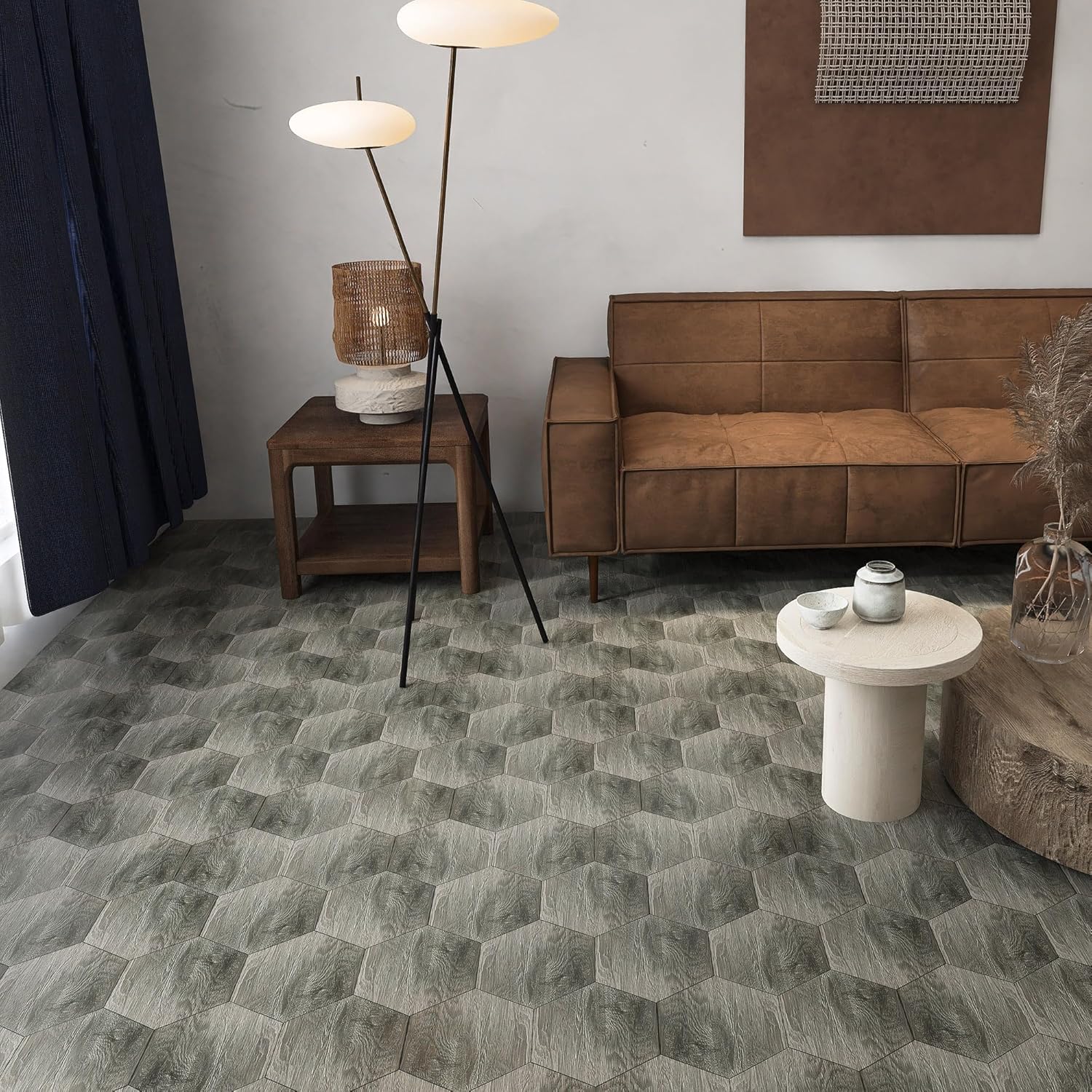 KASARO Azulejo decorativo autoadhesivo de PVC hexagonal de 15 hojas, para baño, dormitorio, cocina, sala de estar, suelo de piedra de mármol de 0.12