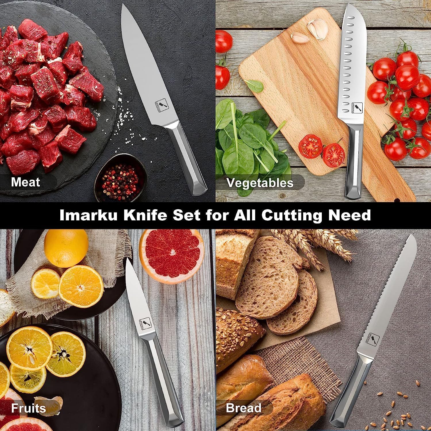 imarku Juego de cuchillos de acero inoxidable japonés de alto carbono para cocina con bloque y 2 bloques de cuchillos de carne extraíbles, juego de