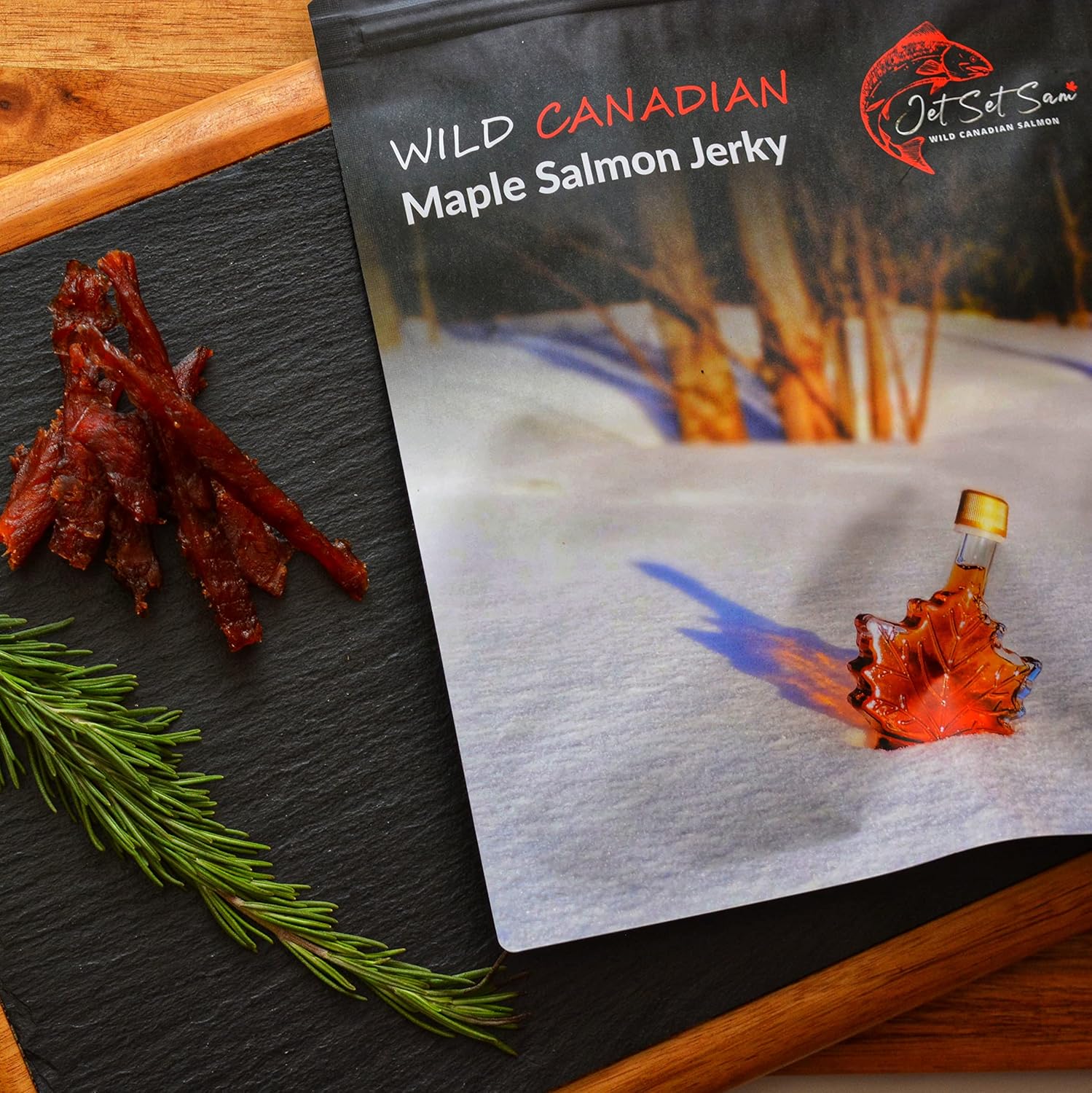 Salmon Jerky Wild Caught Canadian Smoked 4 oz x 2 paquetes Un delicioso y rico en nutrientes aperitivo de mariscos premium (Maple)