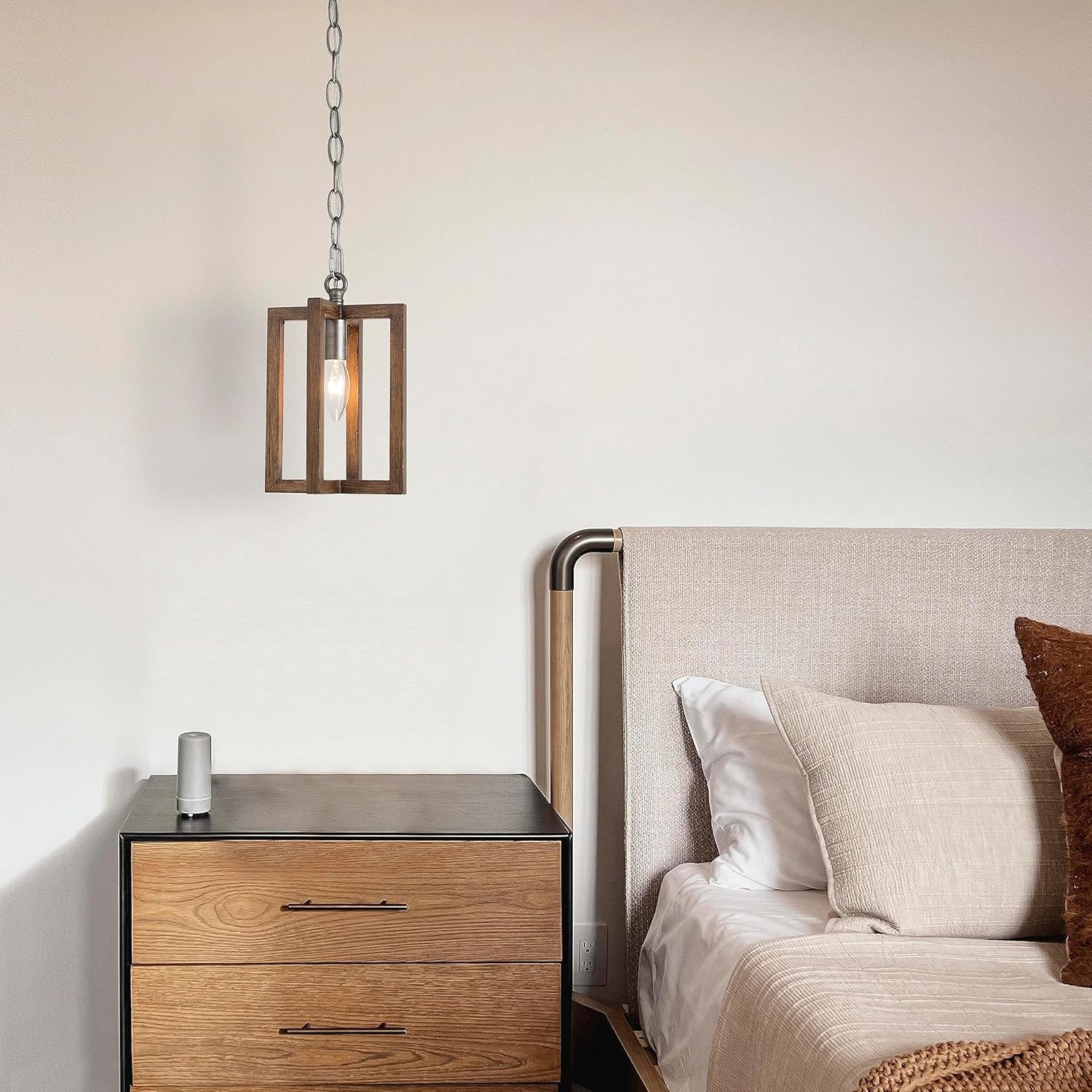 Iluminación colgante de granja, lámpara colgante de metal rústico vintage con acabado cepillado de madera y plata para isla de cocina, comedor,