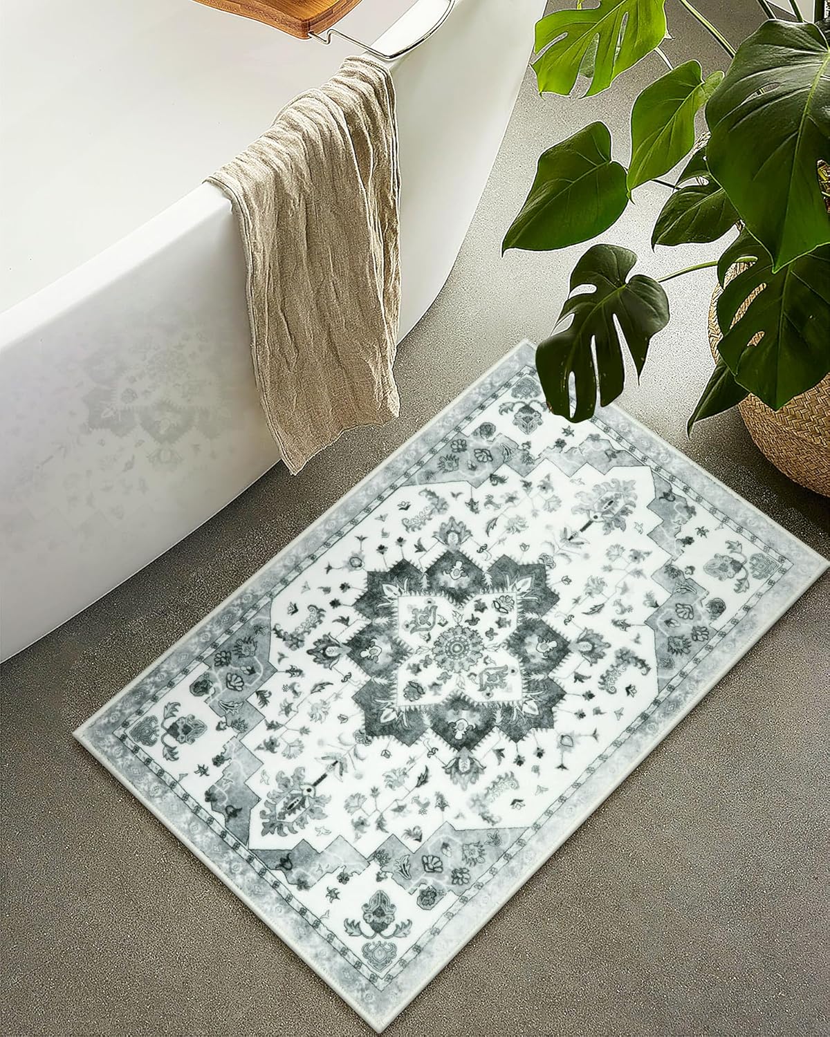 Seavish Tapetes de baño pequeños antideslizantes de 18 x 26 pulgadas, color gris, oriental, retro, envejecidos, suaves y absorbentes, para baño,