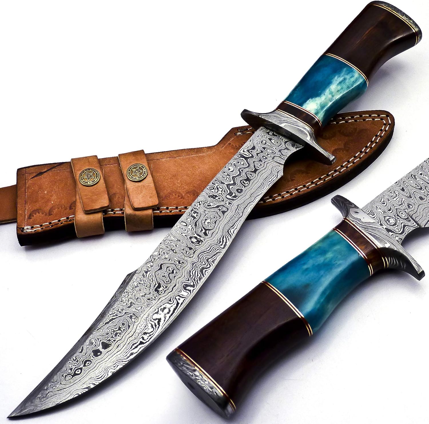 BK-41 – Cuchillo Bowie de acero de Damasco hecho a mano de 15 pulgadas, madera de Marindi maciza y mango de hueso de cuerno de toro con funda de