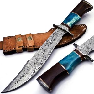 BK-41 – Cuchillo Bowie de acero de Damasco hecho a mano de 15 pulgadas, madera de Marindi maciza y mango de hueso de cuerno de toro con funda de BK-41 – Cuchillo Bowie de acero de Damasco hecho a mano de 15 pulgadas, madera de Marindi maciza y mango de hueso de cuerno de toro con funda de