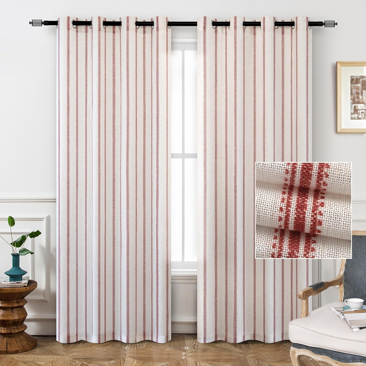 DriftAway Cortinas opacas de mezcla de lino de 90 pulgadas de largo para dormitorio, cortinas de lino con estampado de rayas verticales, con