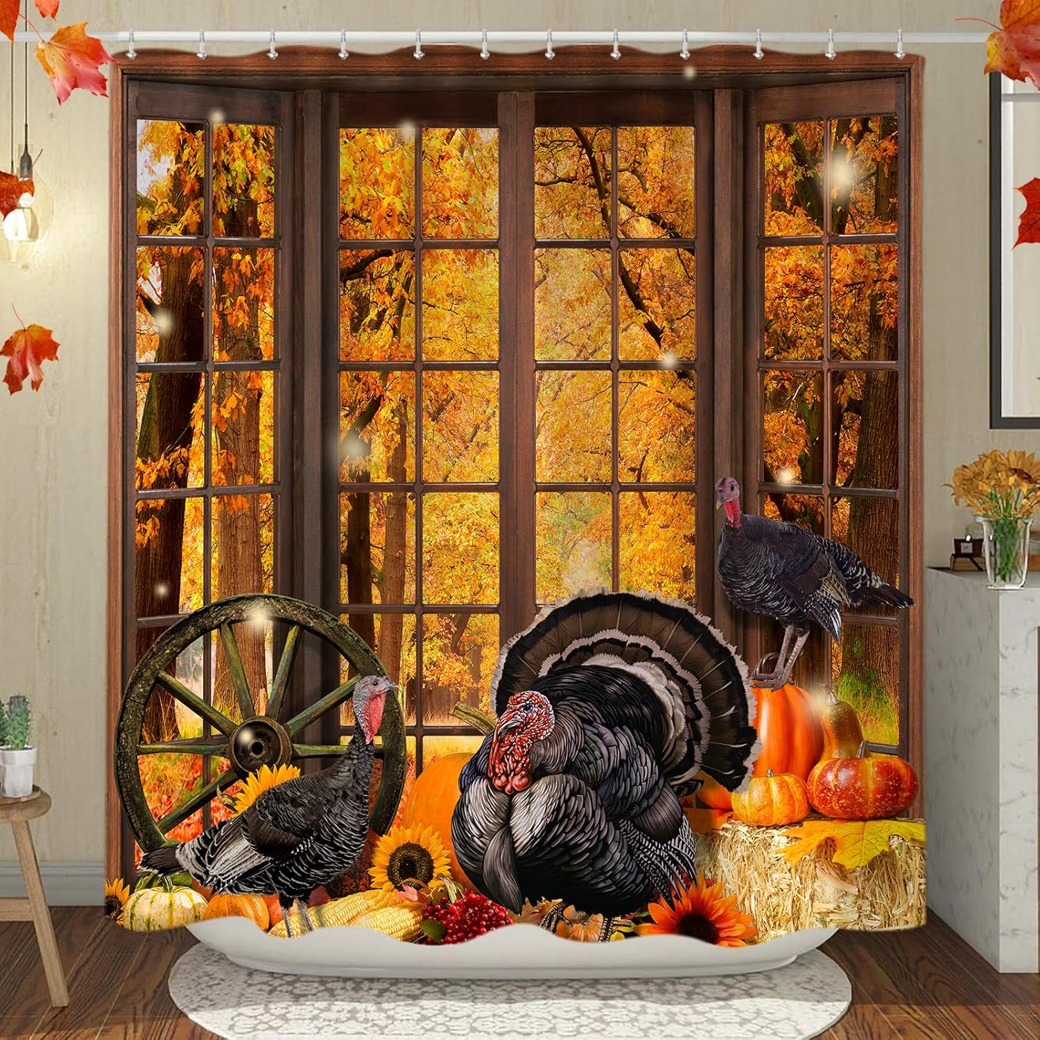 Cortina de ducha de otoño de Acción de Gracias, calabazas de pavo de granja, cosecha de bosque otoñal, juego de cortinas de ducha para decoración de