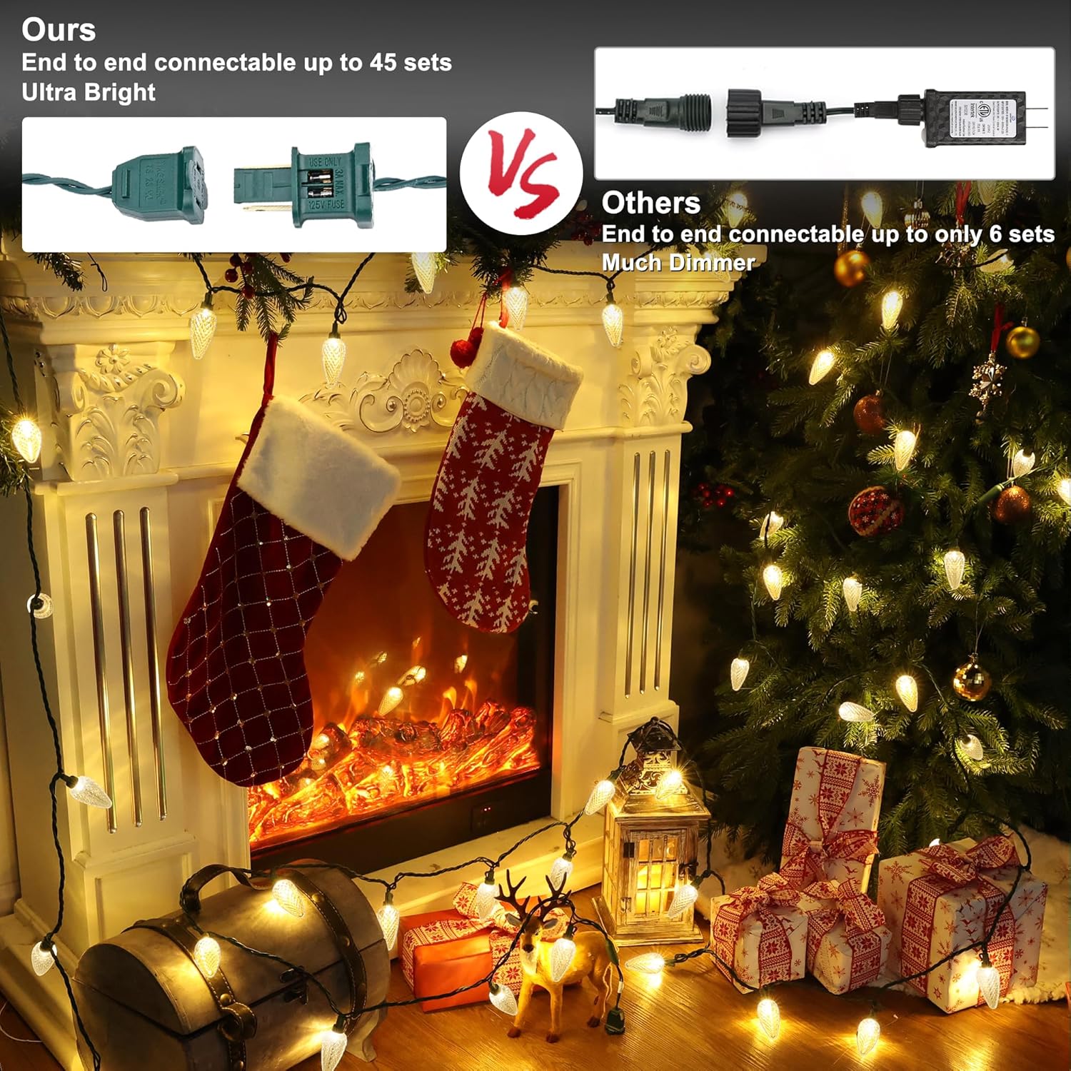 Brizled Luces de Navidad, 33 pies, 50 luces LED facetadas C9 para exteriores, luces de árbol de Navidad conectables, luces de Navidad para