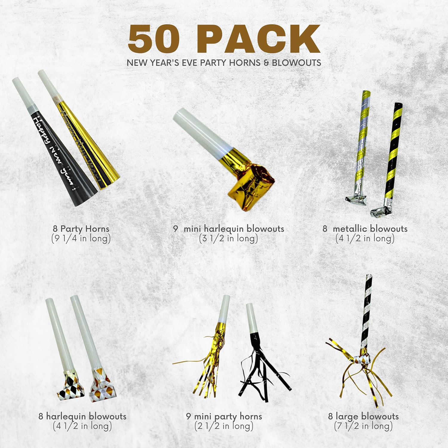 4E’s Novelty NYE Noisemakers – Paquete de 50 suministros de fiesta de Nochevieja a granel para adultos y niños, regalos de fiesta para adultos y