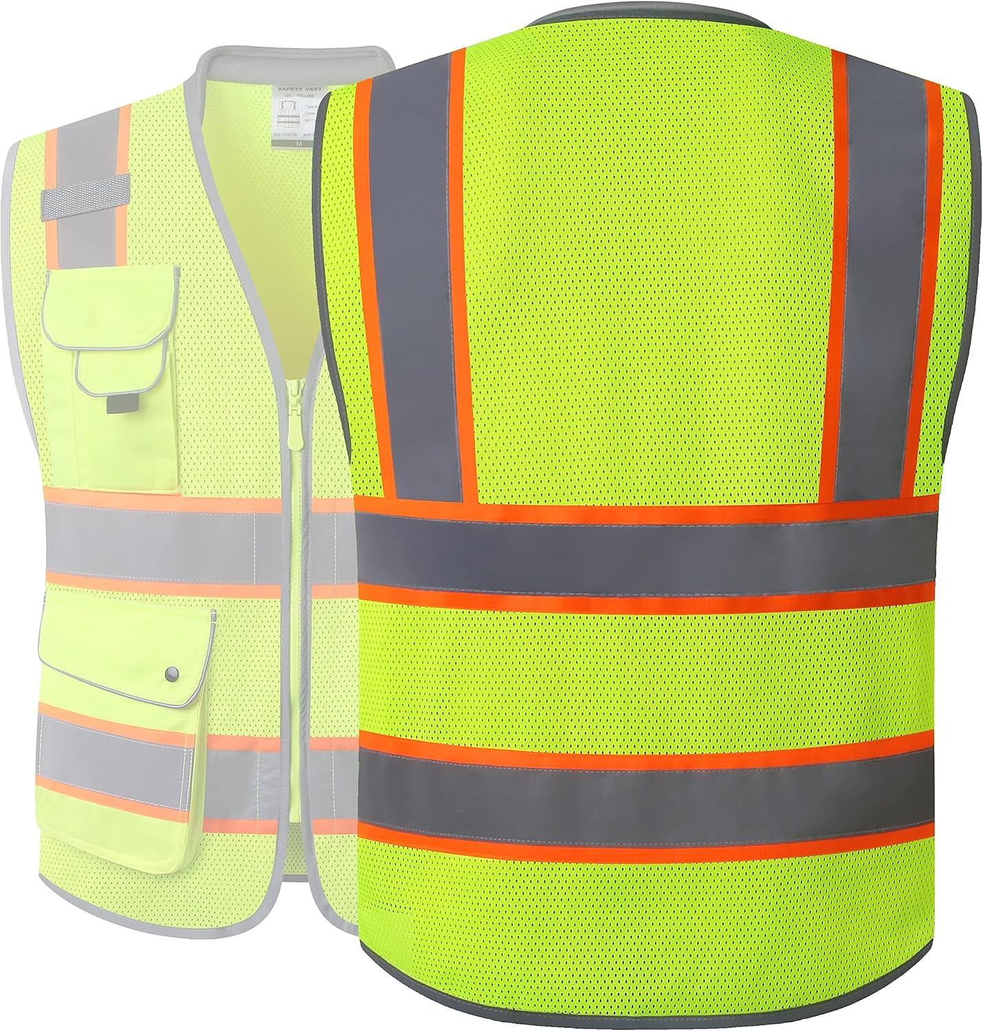JKSafety Chaleco de seguridad de alta visibilidad con 9 bolsillos, tela de malla transpirable, cuello acolchado, utilidad de trabajo, equipo de