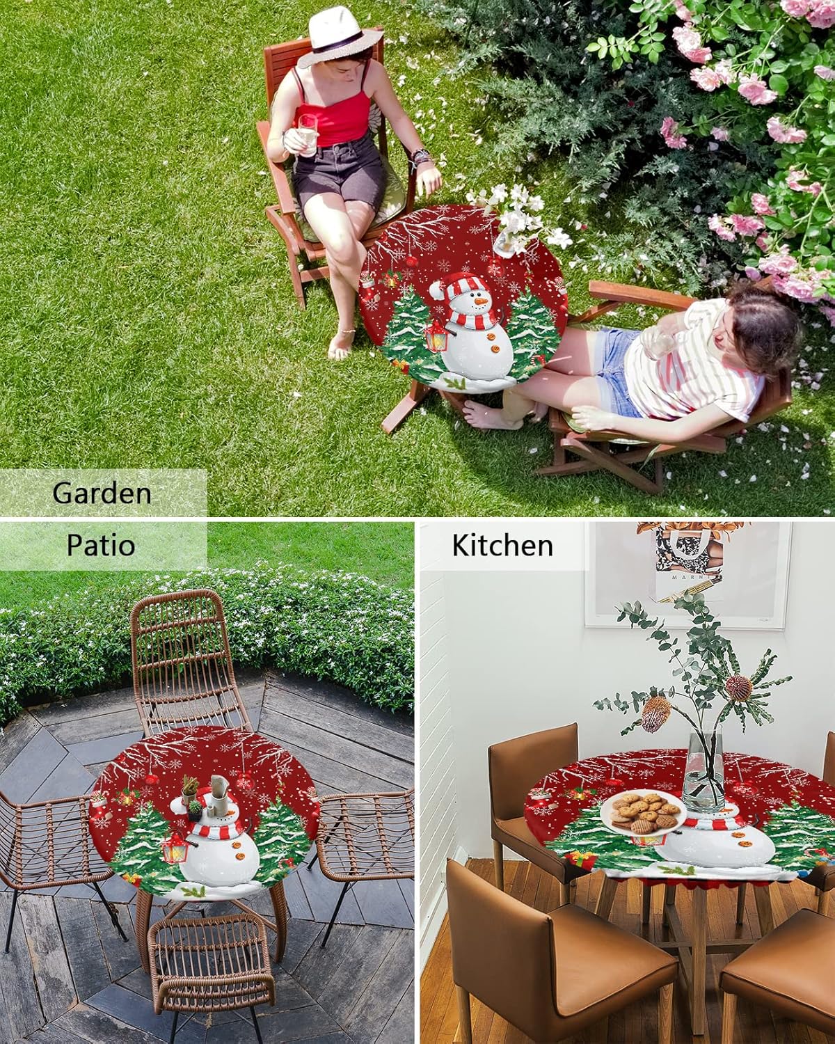 Mantel redondo ajustable con diseño de muñeco de nieve de dibujos animados para mesas de comedor, mantel con bordes elásticos, árboles de Navidad de