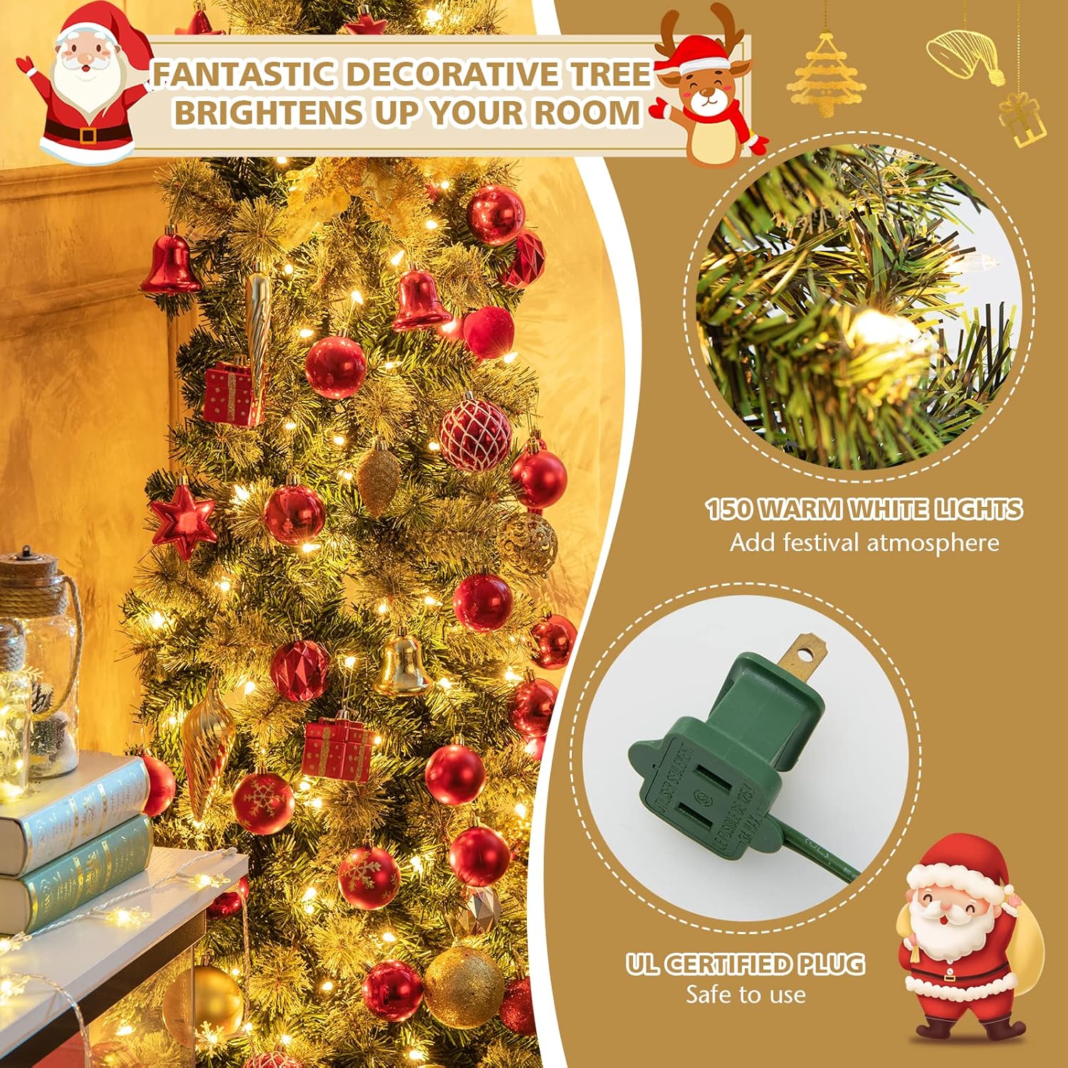Goplus Árbol de Navidad preiluminado de 7 pies, árbol de Navidad artificial con 150 luces blancas cálidas, 403 puntas de rama, soporte de metal