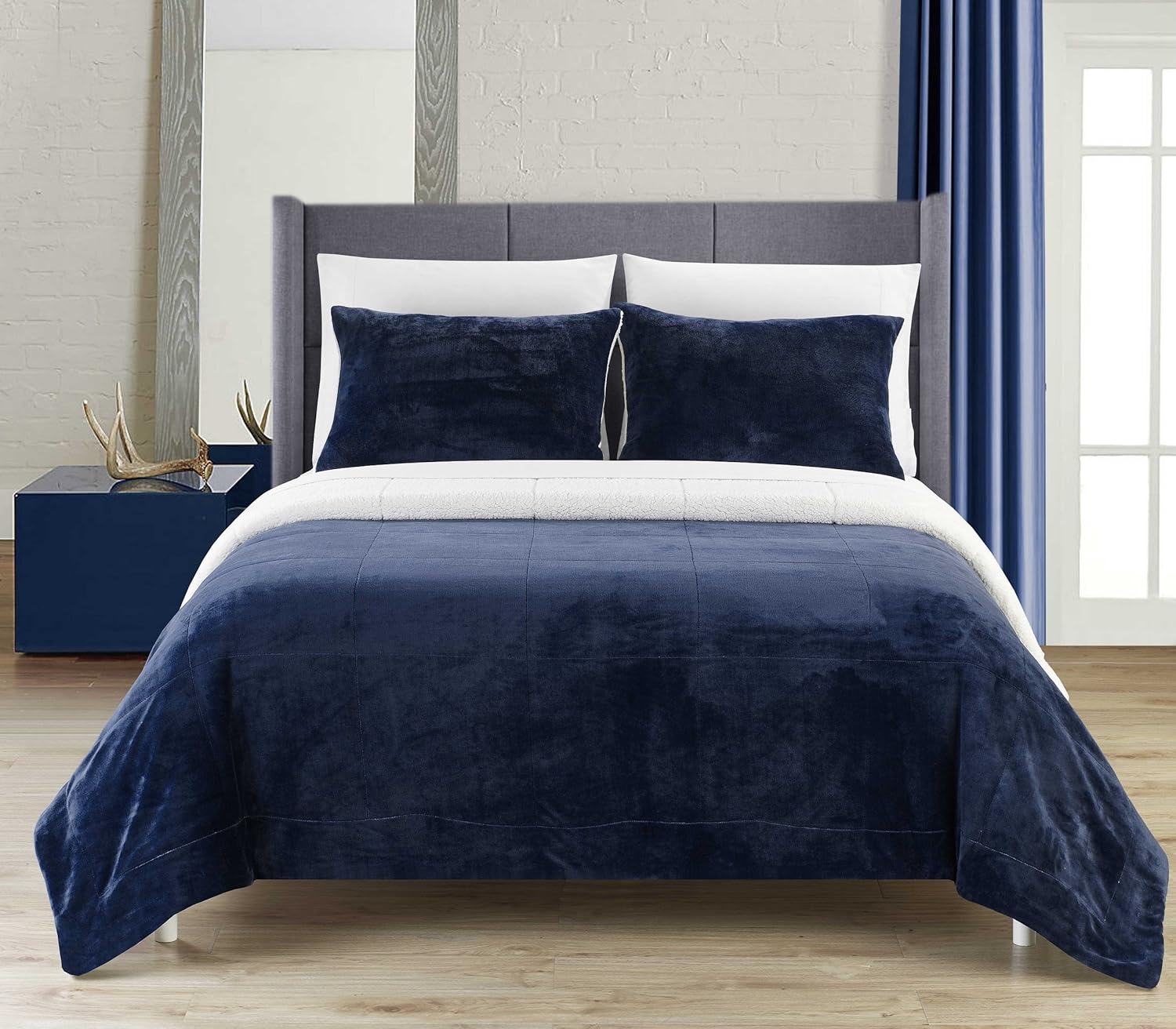 Chic Home Evie Juego de cama 3 piezas microgamuza acolchada sherpa manta y fundas de almohada incluidas