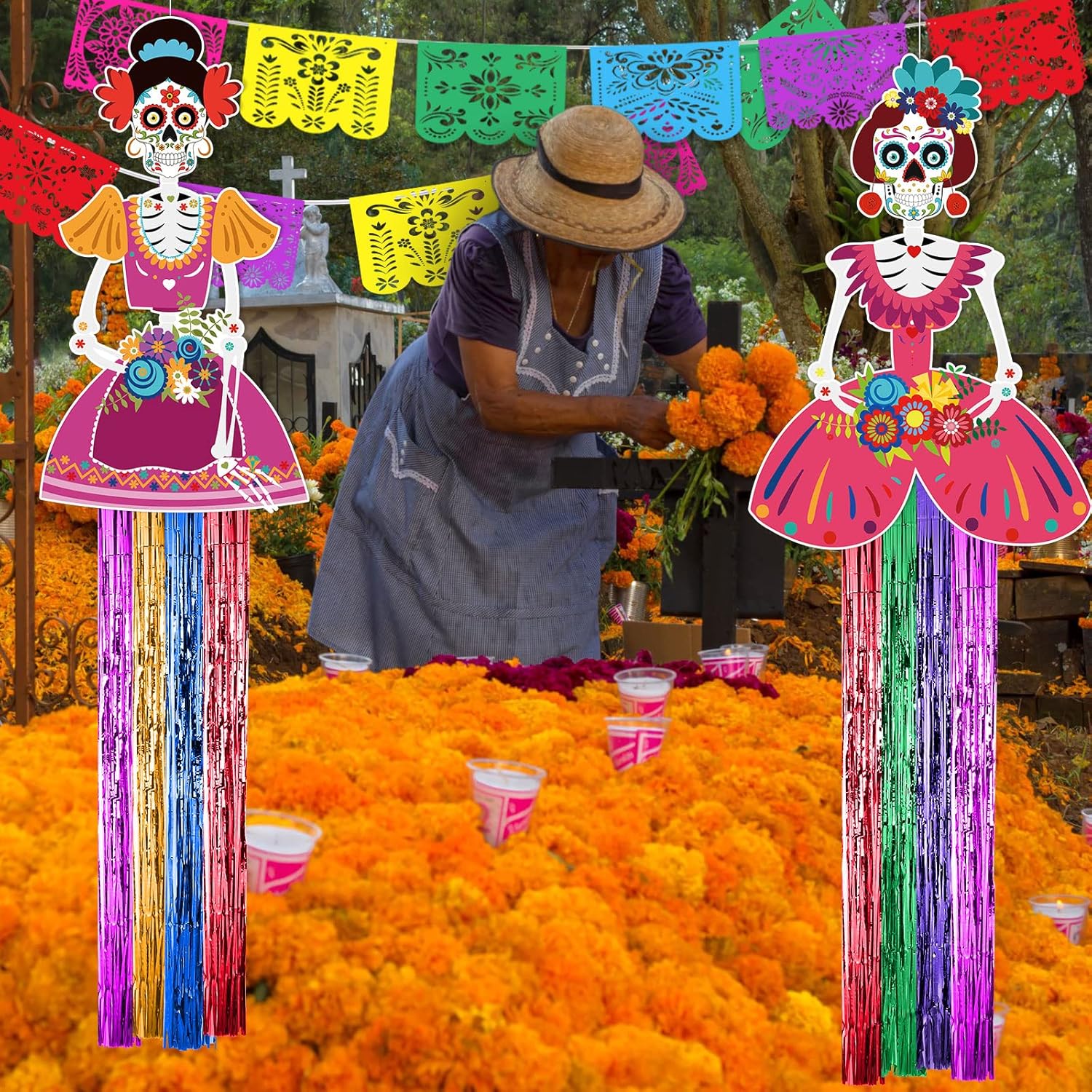 TaoBary Juego de 15 decoraciones del Día de los Muertos de 34 pulgadas, decoración colgante de calavera de azúcar de 16.4 pies, pancartas de papel