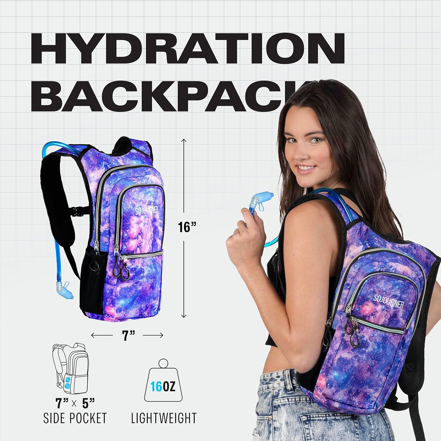 SoJourner Bags, Rave Hydration Pack – Bolsa de agua de 2L incluida, para festivales, raves, senderismo, ciclismo, fiestas, escalada, carrera y más