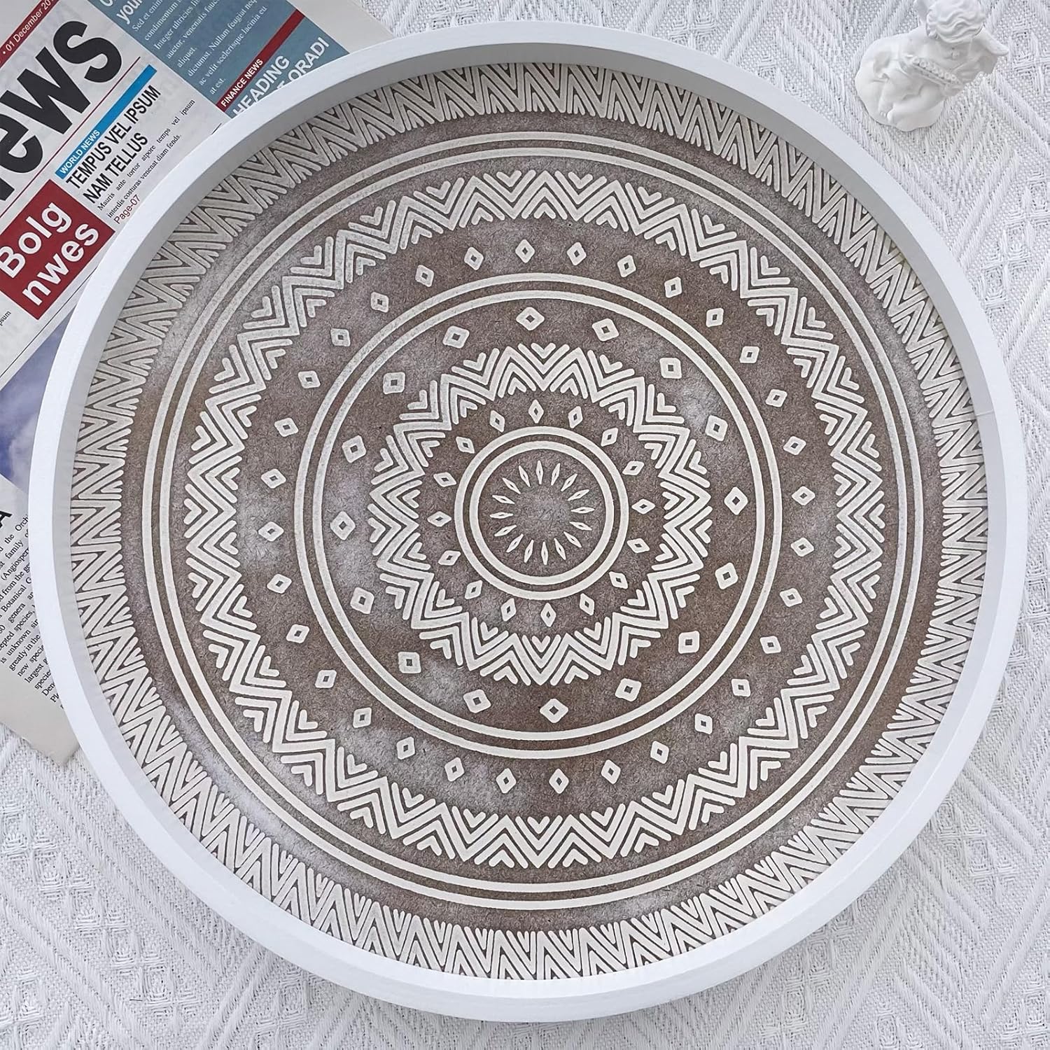 Bandeja decorativa bohemia de 13 pulgadas para decoración del hogar, bandeja redonda de madera para mesa de café, bandeja otomana blanca lavada para