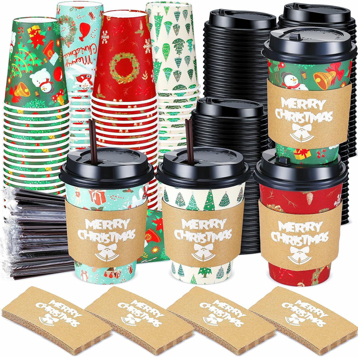 Lallisa Juego de 100 vasos de papel de café de Navidad desechables con tapas, pajitas, manga, 12 onzas, muñeco de nieve navideño para bebidas de