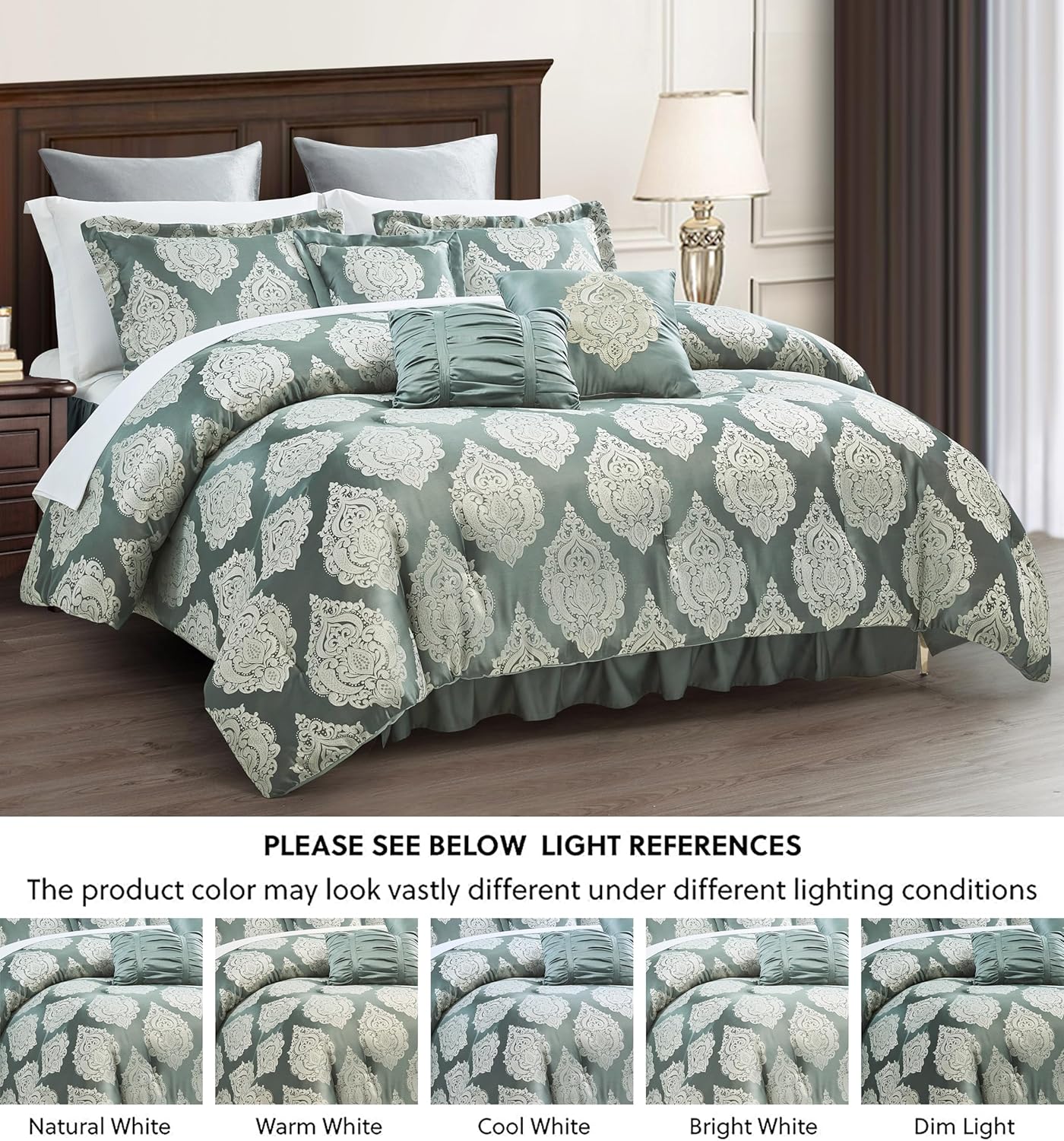 Trinity – Juego de edredón de lujo de 7 piezas, edredón tradicional de medallón jacquard gris y verde con cojines decorativos y fundas de almohada,