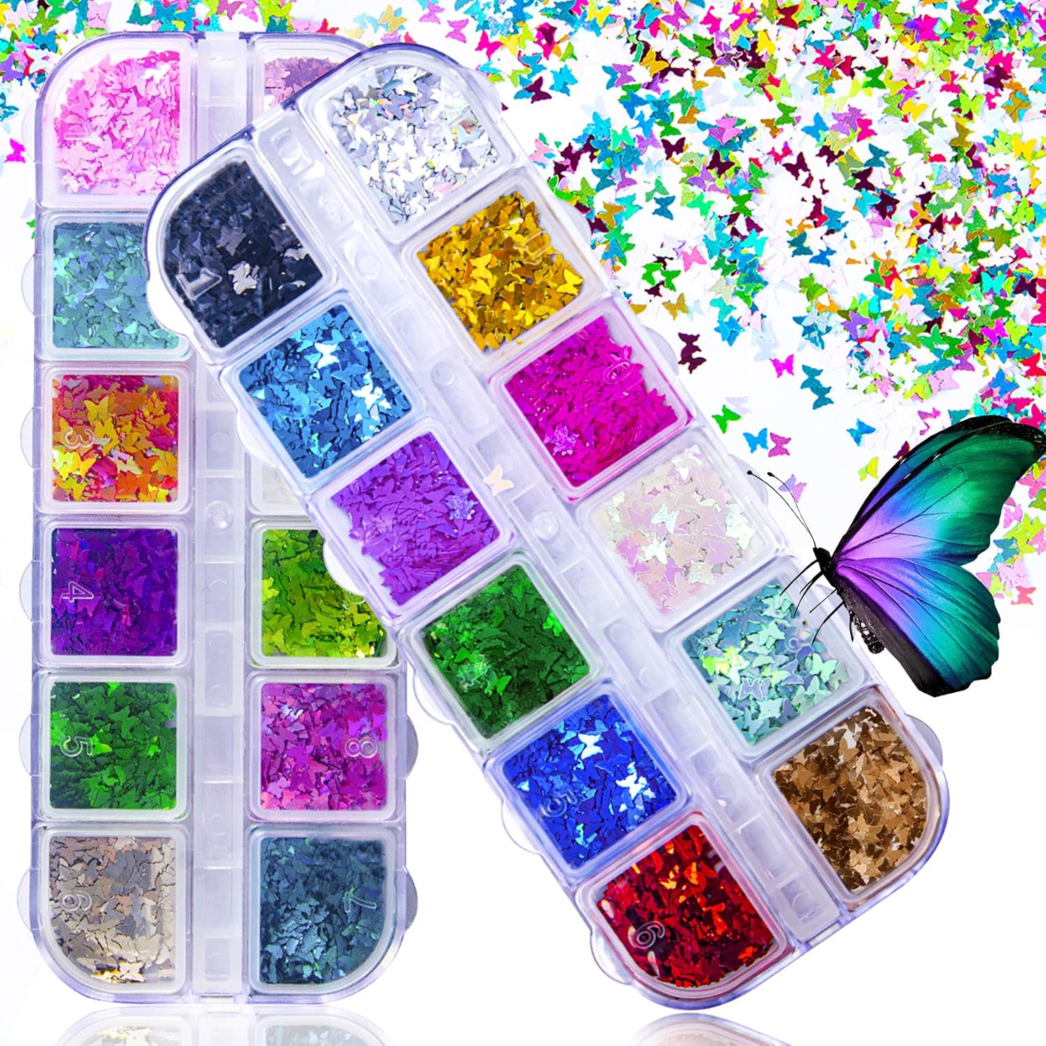 Brillantina holográfica 3D para uñas, 24 coloresjuego de lentejuelas de mariposa para uñas, lentejuelas láser, lentejuelas acrílicas para decoración