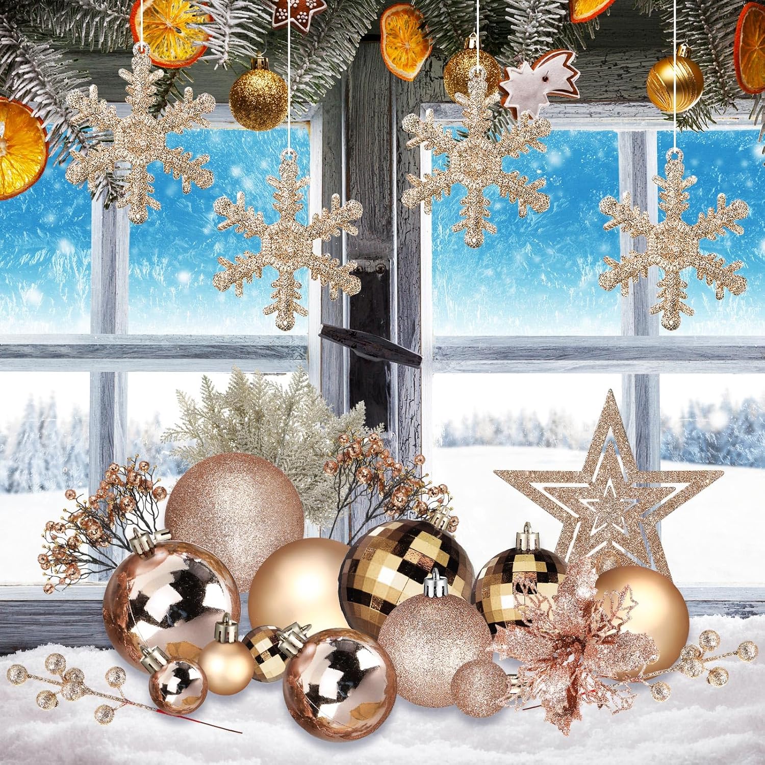 Juego de decoración para árbol de Navidad de 94 piezas, adornos, flores, bayas, tallos, para decoración navideña (dorado champán)