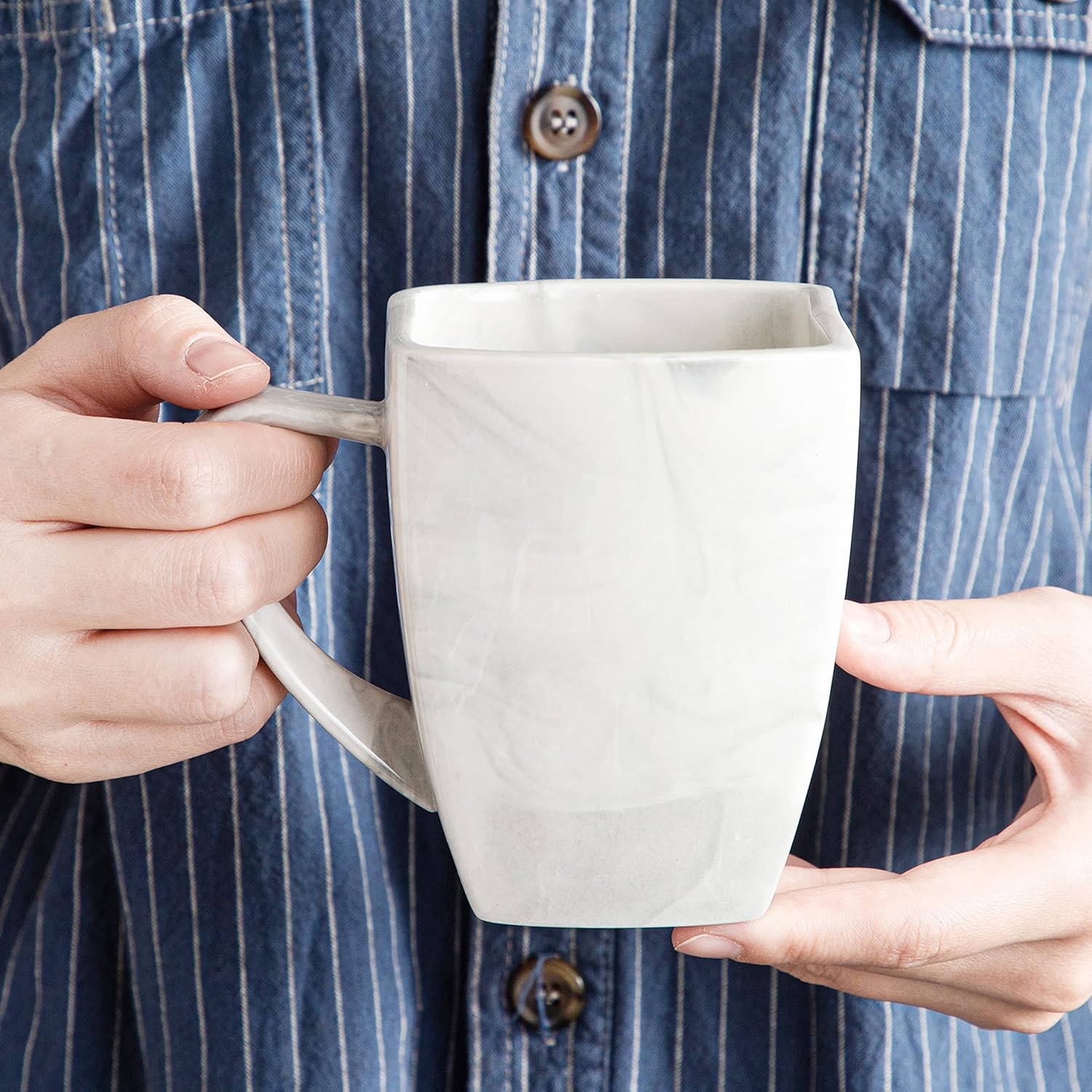MALACASA Juego de tazas de café, tazas cuadradas de porcelana de 12 onzas, juego de 6, tazas de té de mármol con asa para expreso, capuchino, té y