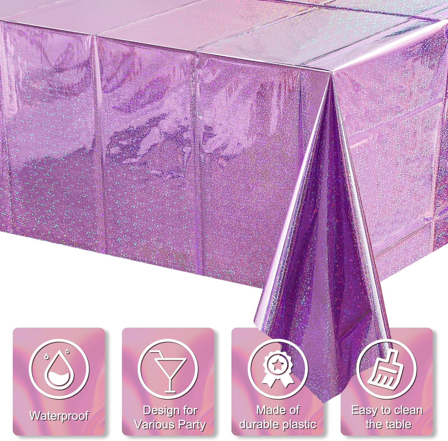 Paquete de 8 manteles de plástico iridiscentes de color morado claro, desechables, rectangulares, con láser, de papel de aluminio holográfico, para