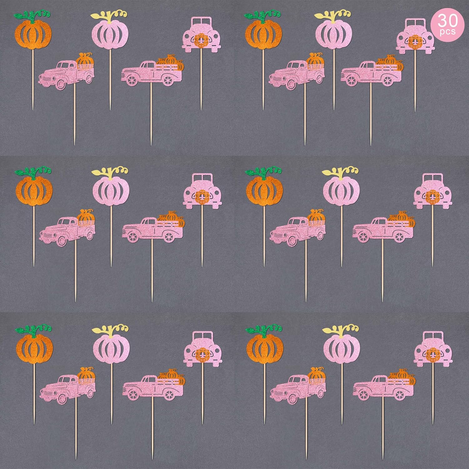 30 piezas de decoración de calabaza para cupcakes de camión de doble cara con purpurina rosa para automóvil, para cosecha, calabaza, tema de Acción