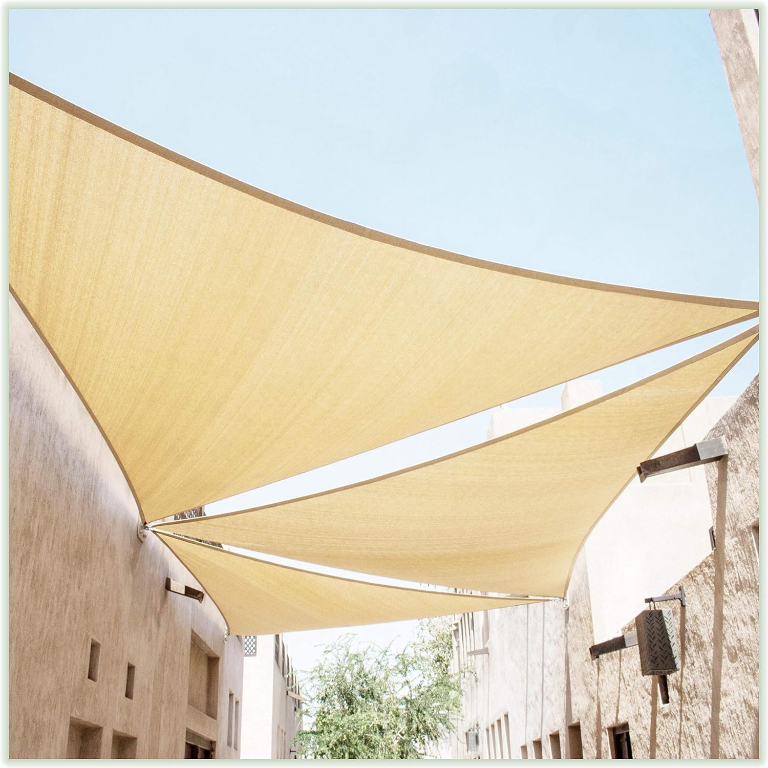 ColourTree Toldo tipo vela de 16 x 16 x 22.6 pies, color beige, triángulo recto, CTSLRT16, tela de malla con bloqueo UV, UPF50, comercial