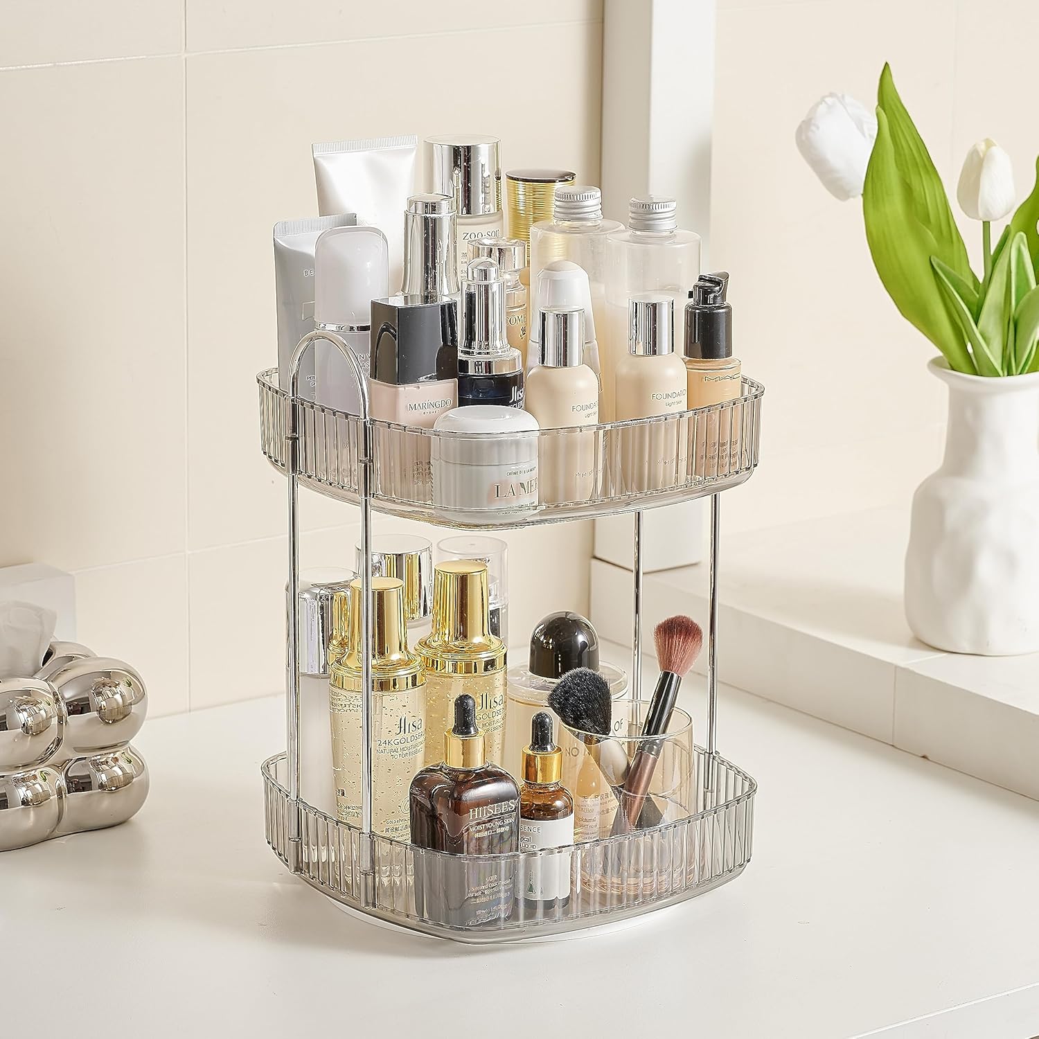 CICUFY Organizador de maquillaje giratorio cuadrado Organizador de contador de baño para cosméticos de cuidado de la piel de perfume – Gris 2 niveles