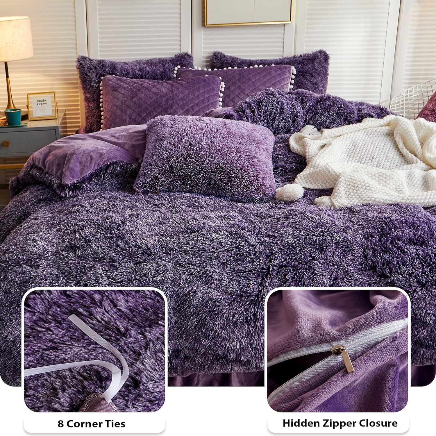 LIFEREVO – Juego de funda de duvet lujosa de felpa (1 funda de duvet de piel sintética + 2 fundas de almohada decorativa con borde de pompones),