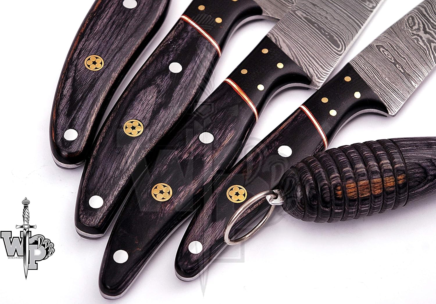 WP-007 Juego de cuchillos de chef de cocina profesional de Damasco hechos a mano personalizados-5 piezas (madera negra)