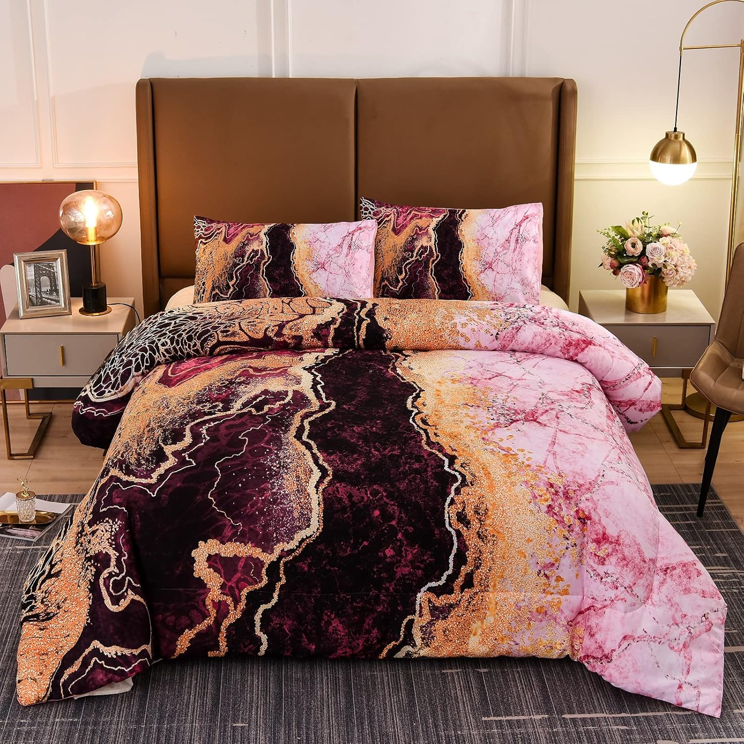 A Nice Night Juego de ropa de cama con estampado de mármol como montaña ardiente, diseño de ilustraciones de acuarela de estilo retro, juego de