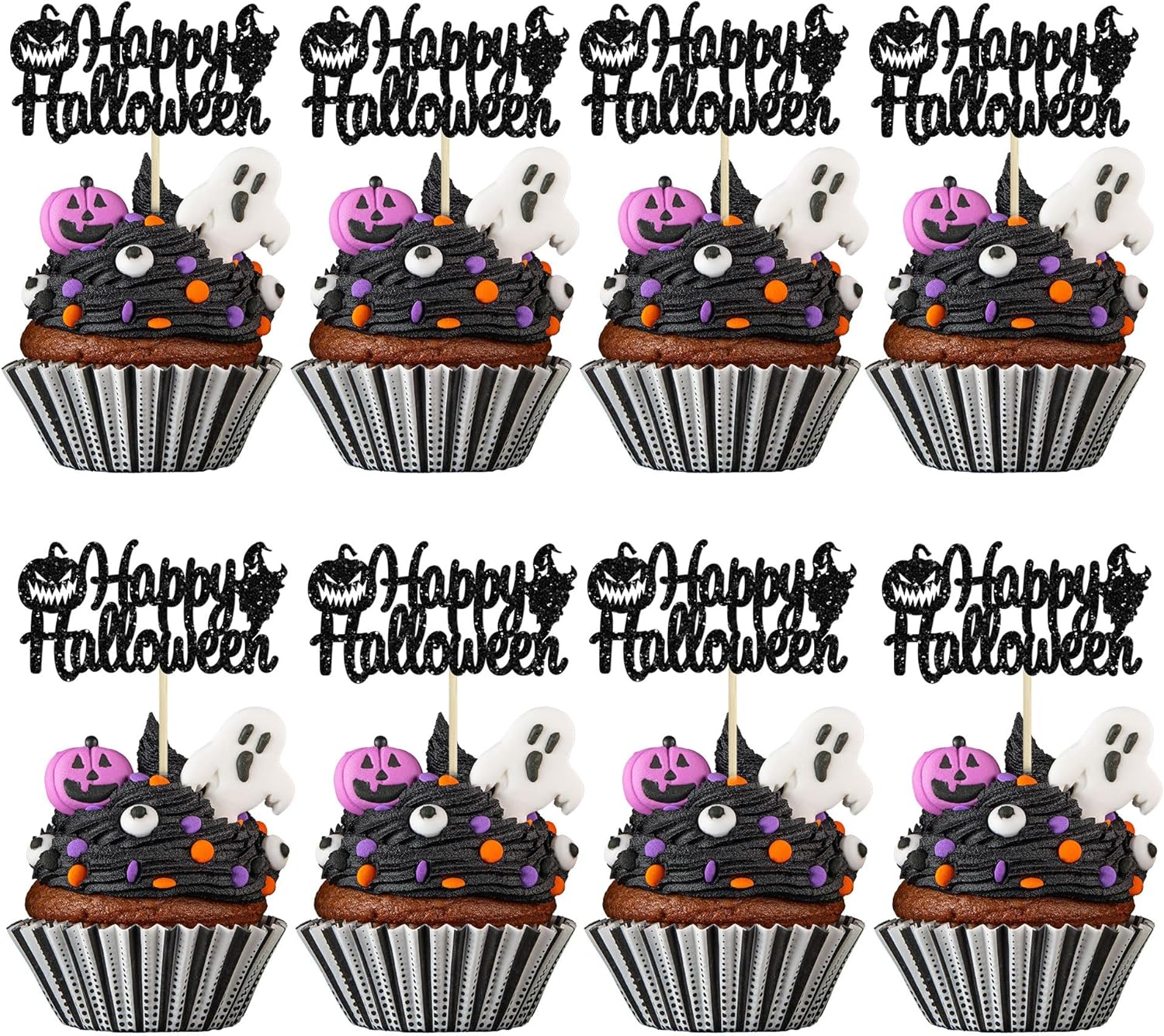 Gyufise 24 adornos para cupcakes de Halloween con calabaza, fantasma, purpurina negra, decoraciones para cupcakes para niños, decoración de fiesta