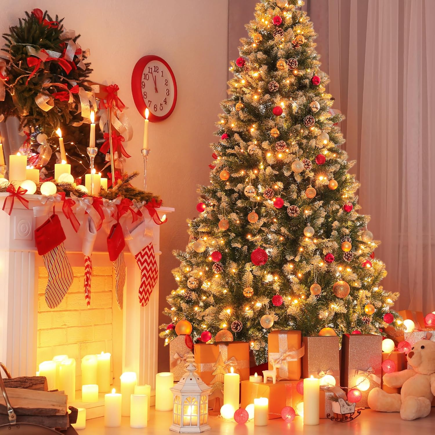 Prelit Árbol de Navidad artificial de 6 pies con luces, conos de pino, árbol de Navidad flocado con 270 luces LED blancas cálidas, 810 puntas de