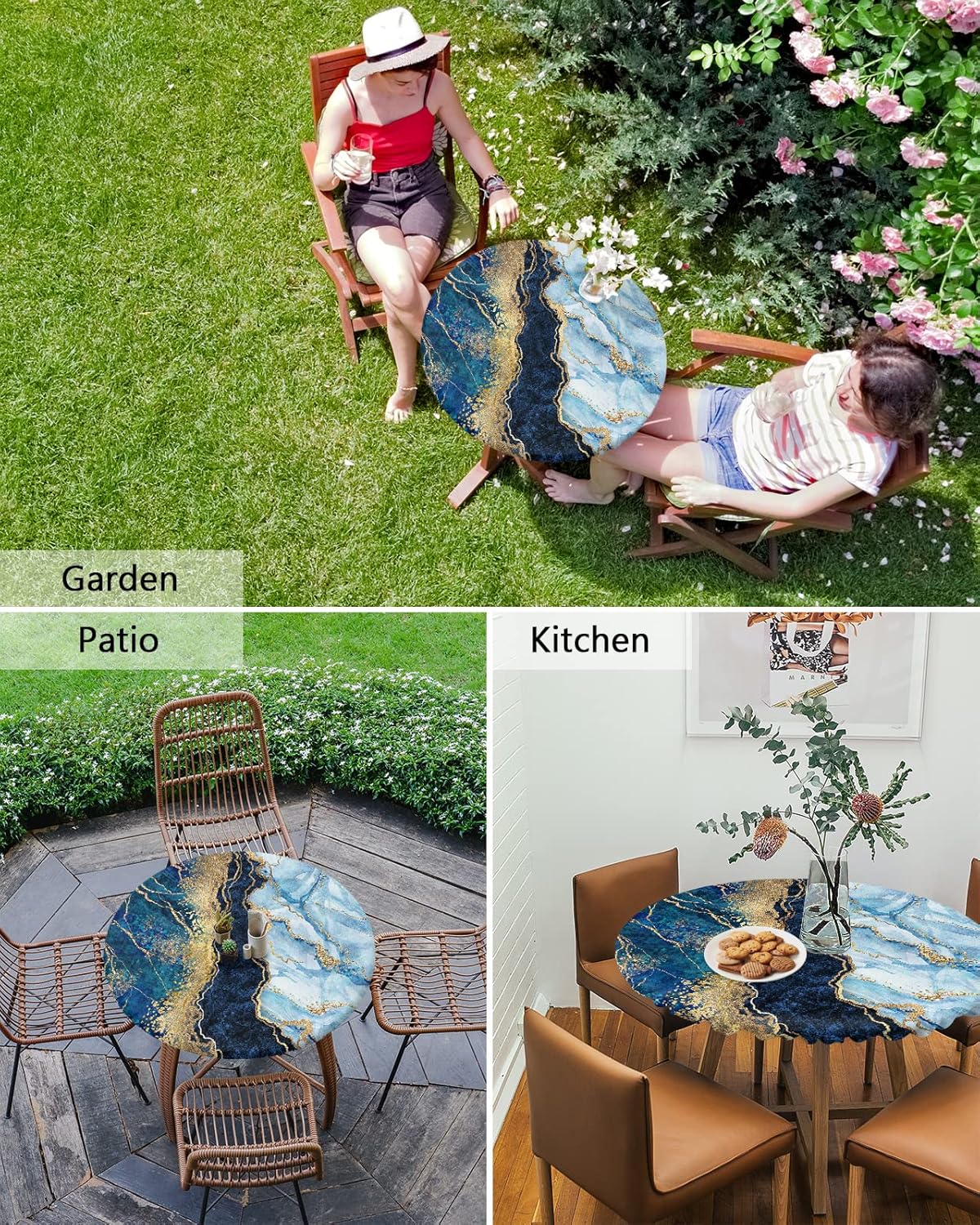 Mantel redondo de mármol para mesa de cocina con borde elástico, mantel ajustable azul dorado degradado para mesas redondas, mantel impermeable para