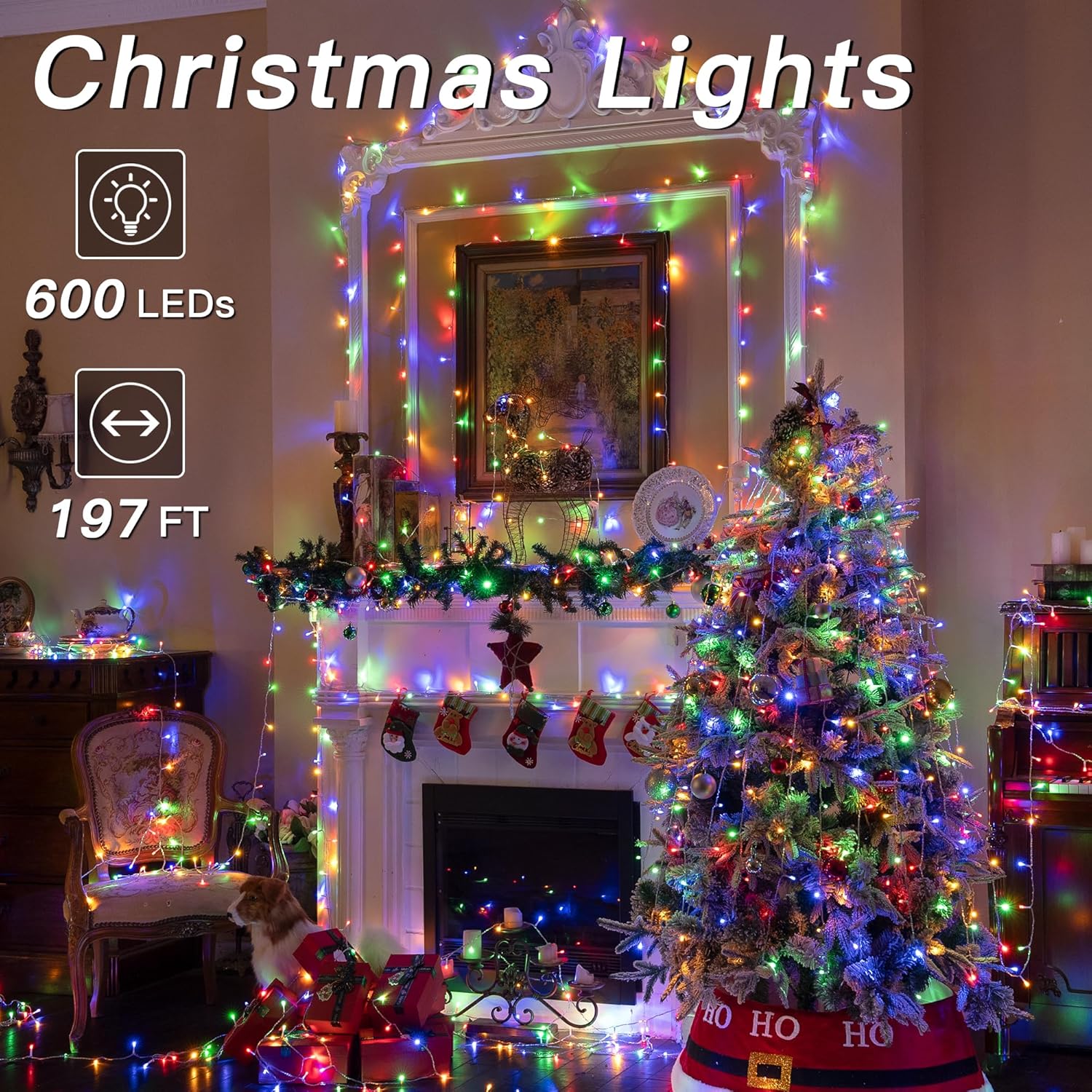 Luces de Navidad de 197 pies, 600 luces LED para exteriores, impermeables, 8 modos de iluminación, cadena de luces con control remoto y