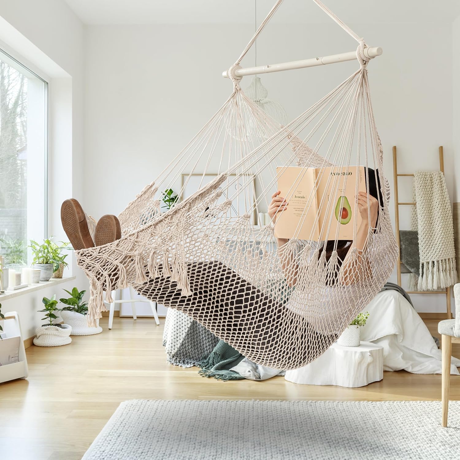 Jelofly Silla hamaca grande colgante de cuerda de algodón hilado suave, silla de tejido máximo de 330 libras, duradera y cómoda, silla columpio para