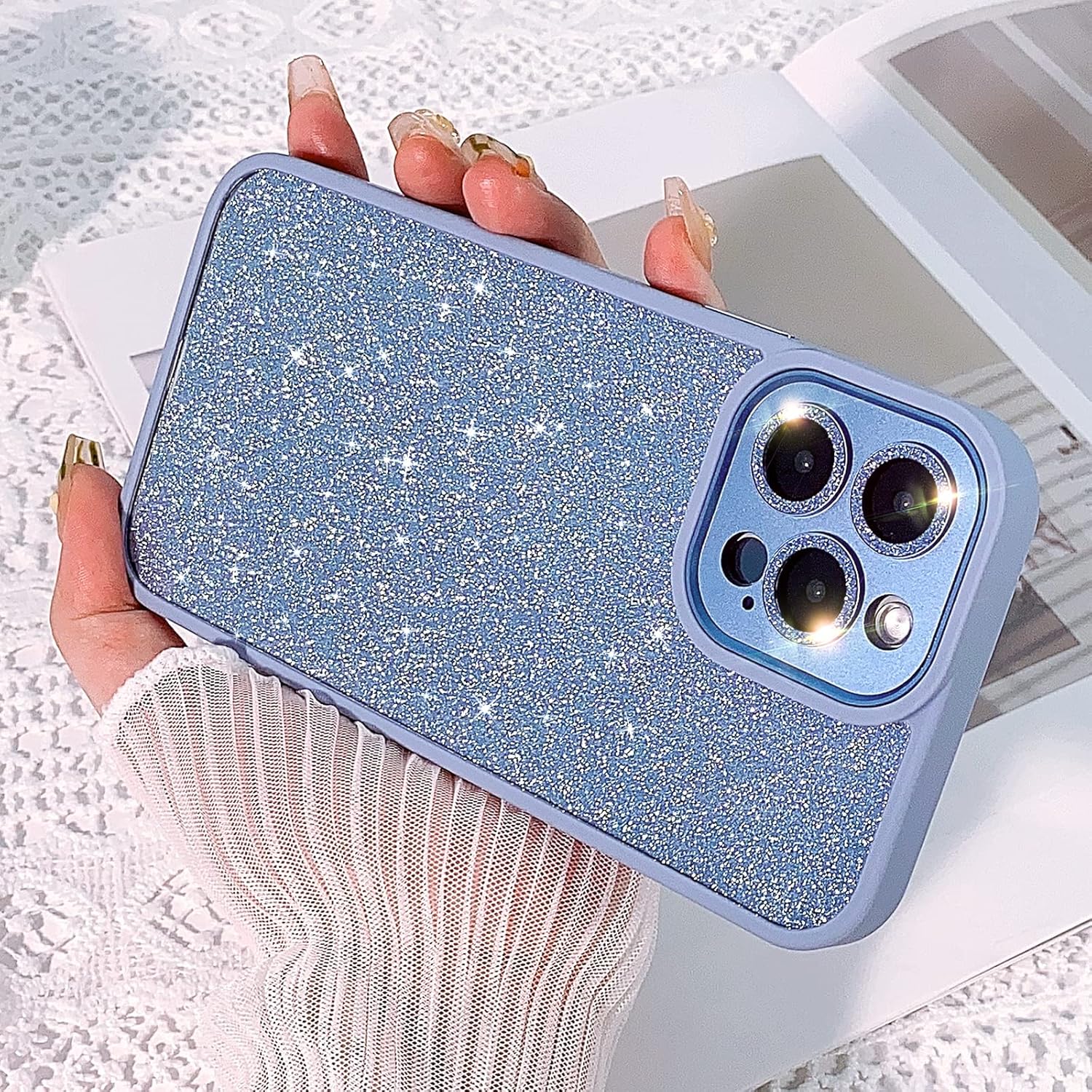 NITITOP Funda compatible con iPhone 13 Pro Max con brillantina, lente de diamante de lujo para niñas y mujeres, patrón de hardware, silicona, PC con