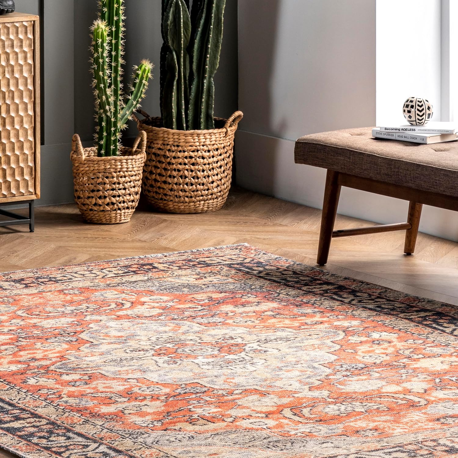 nuLOOM Esmeralda – Alfombra envejecida de medallón, 5 x 8 pies, color naranja
